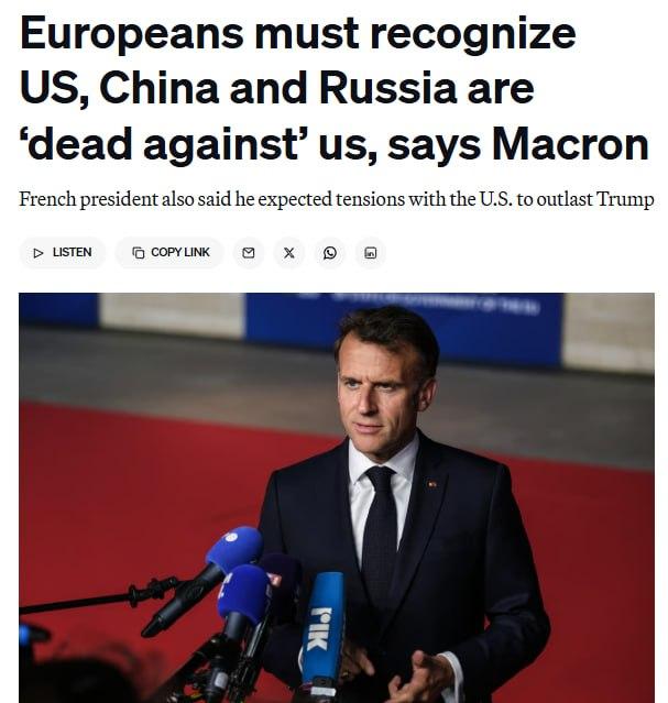 法国总统马克龙在雅典警告，当前美国与俄罗斯的领导人“都坚决反对欧洲”。他呼吁欧洲
