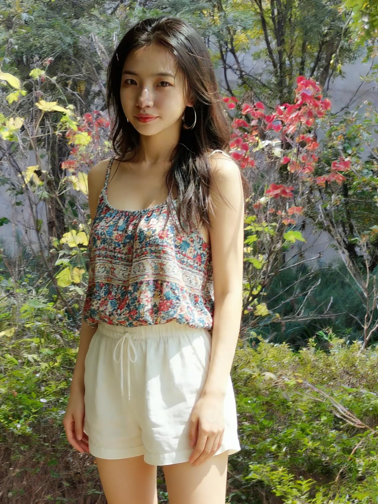 白短裤蹭过青草的气息碎花吊带盛着半盏夏天她在庭院的光影里站定像刚从薄荷茶里