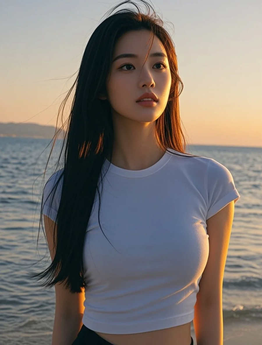 她在海边，让夕阳温暖自己的灵魂