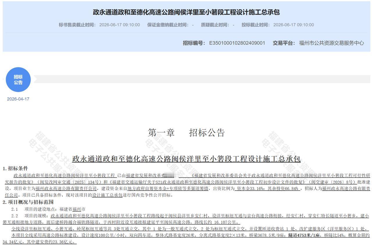 招标启动！福州闽侯将新建一条高速！总投资34.34亿！近日，政永通道政和至德
