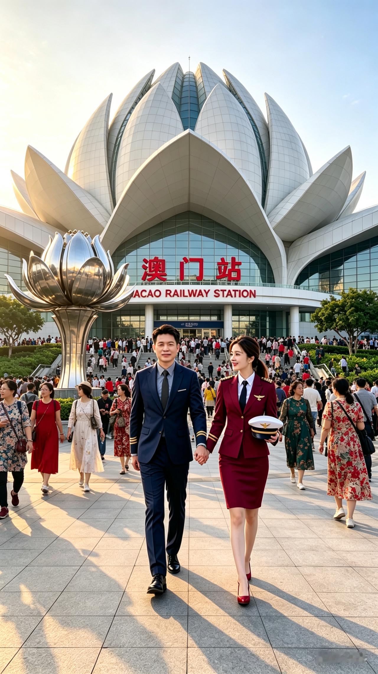 澳门站前欢景金阳暖照莲花放，靓服缤纷映广场。游客接踵笑语扬，闲步台前