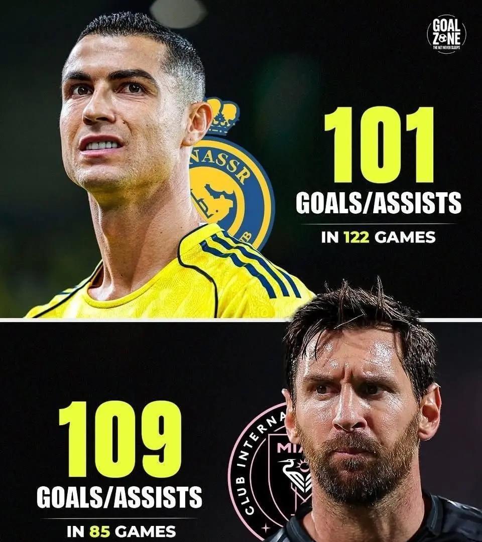 两年半，梅西在迈阿密国际出场85次，进球助攻合计109个；三年里，C罗在利雅得胜