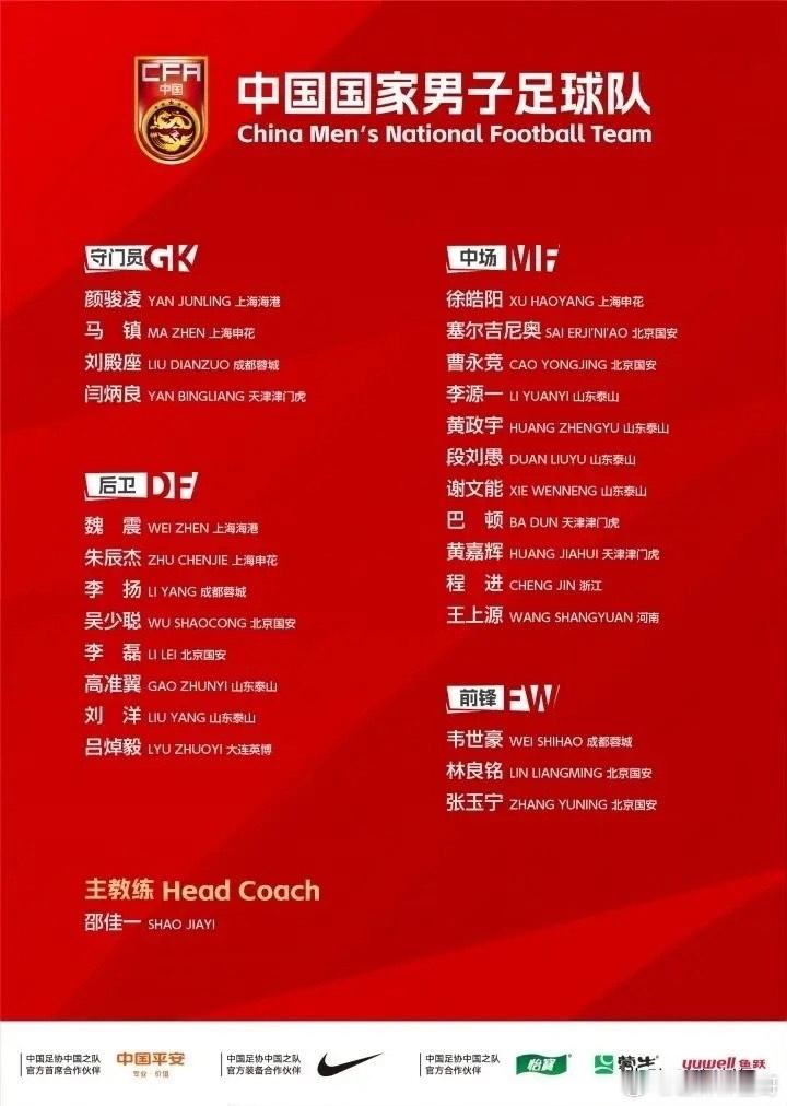 足协官宣2026年的国足首期名单，这是邵佳一带队的首期，张玉宁、塞尔吉尼奥、韦