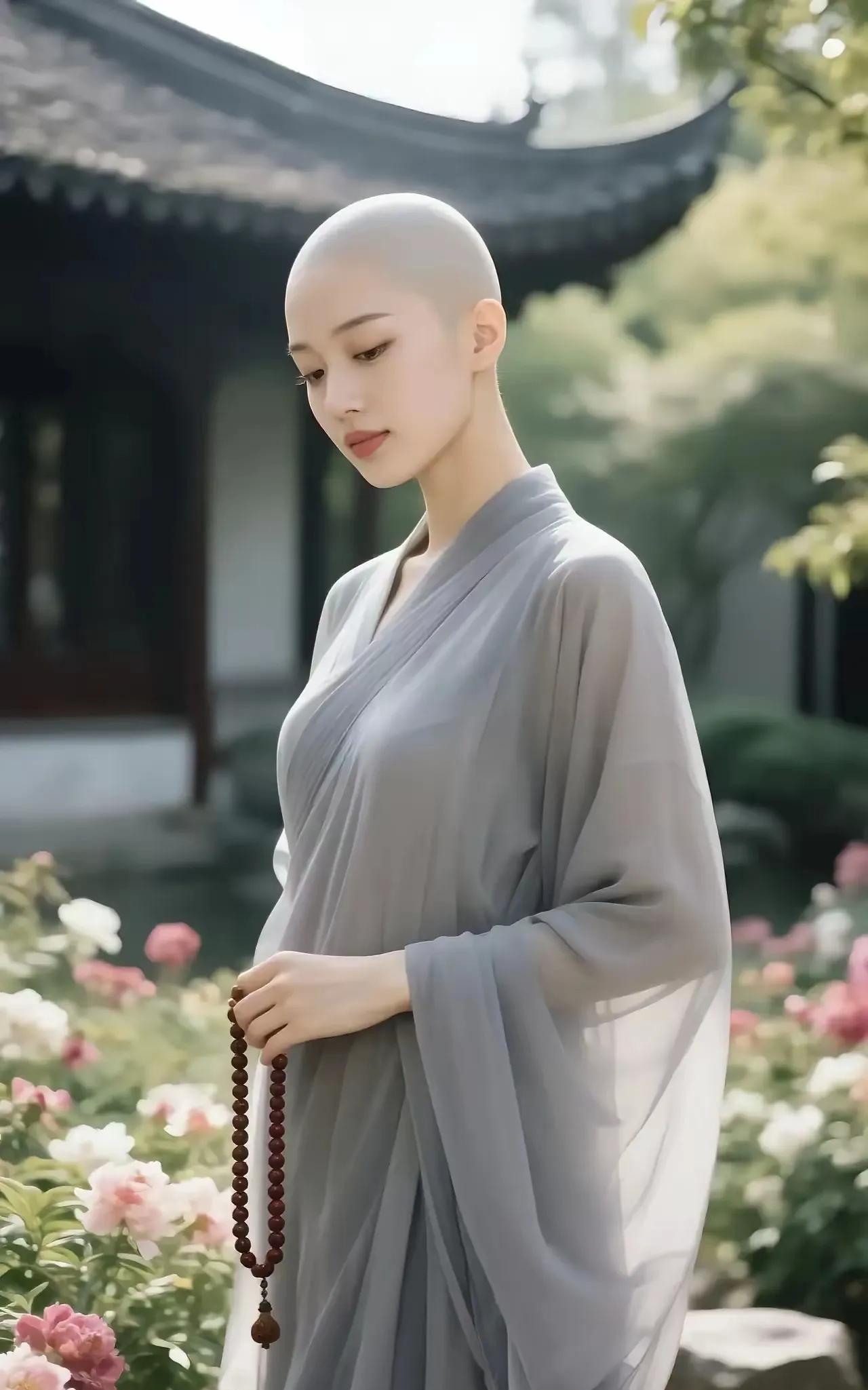 灰袍轻覆妙龄身，佛珠静捻默思尘。低眉非为牵前事，一瓣心香悟法门。