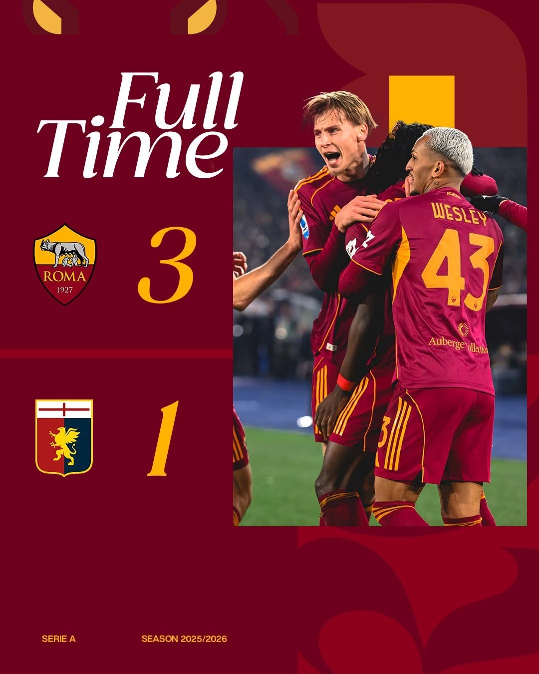 幾有趣嘅碰撞💥，迪羅斯帶領熱拿亞返到奧林匹克球場挑戰母會羅馬。羅馬呢邊就有戴巴