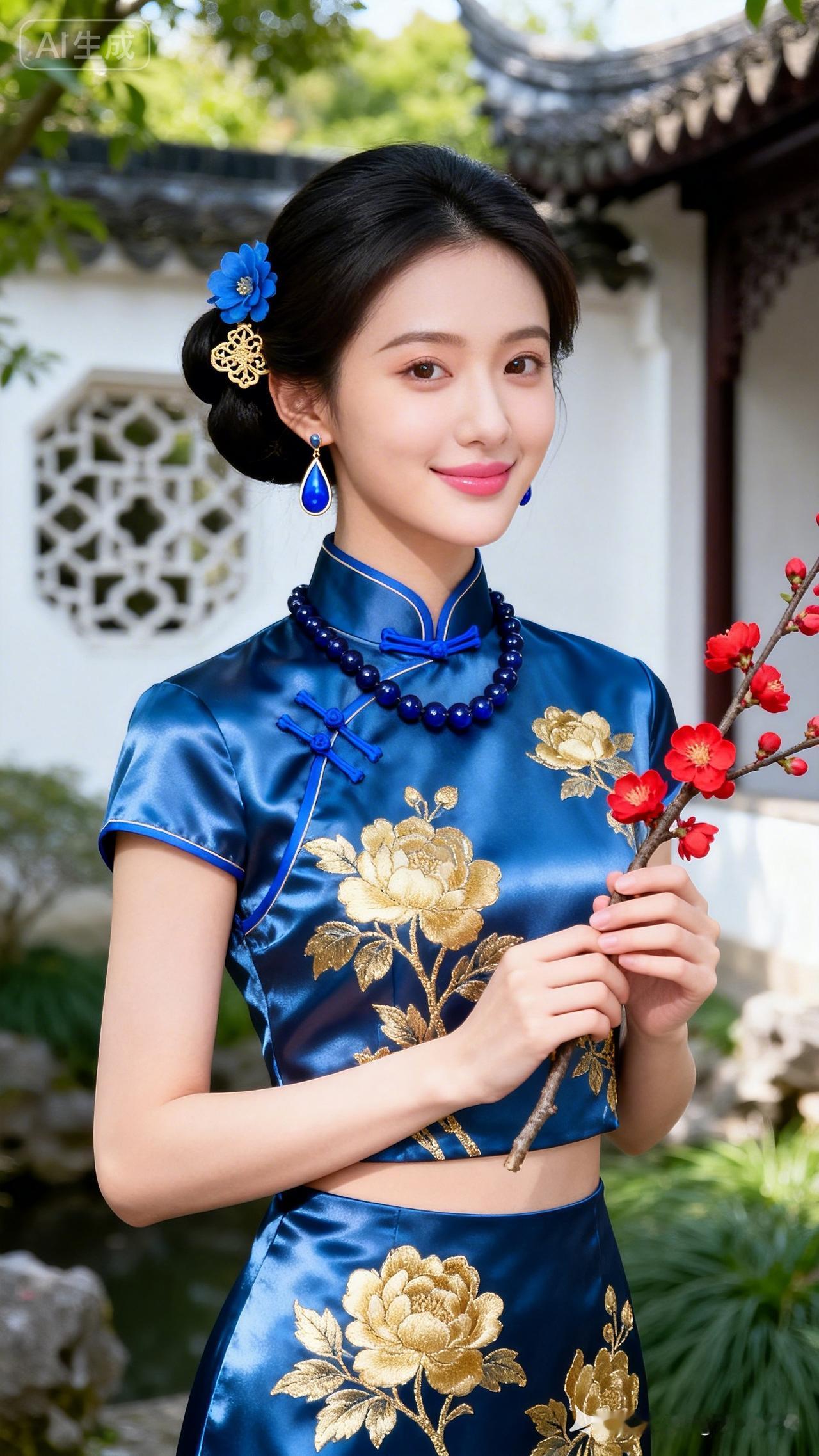 古典蓝旗袍，花枝招展，韵味十足！