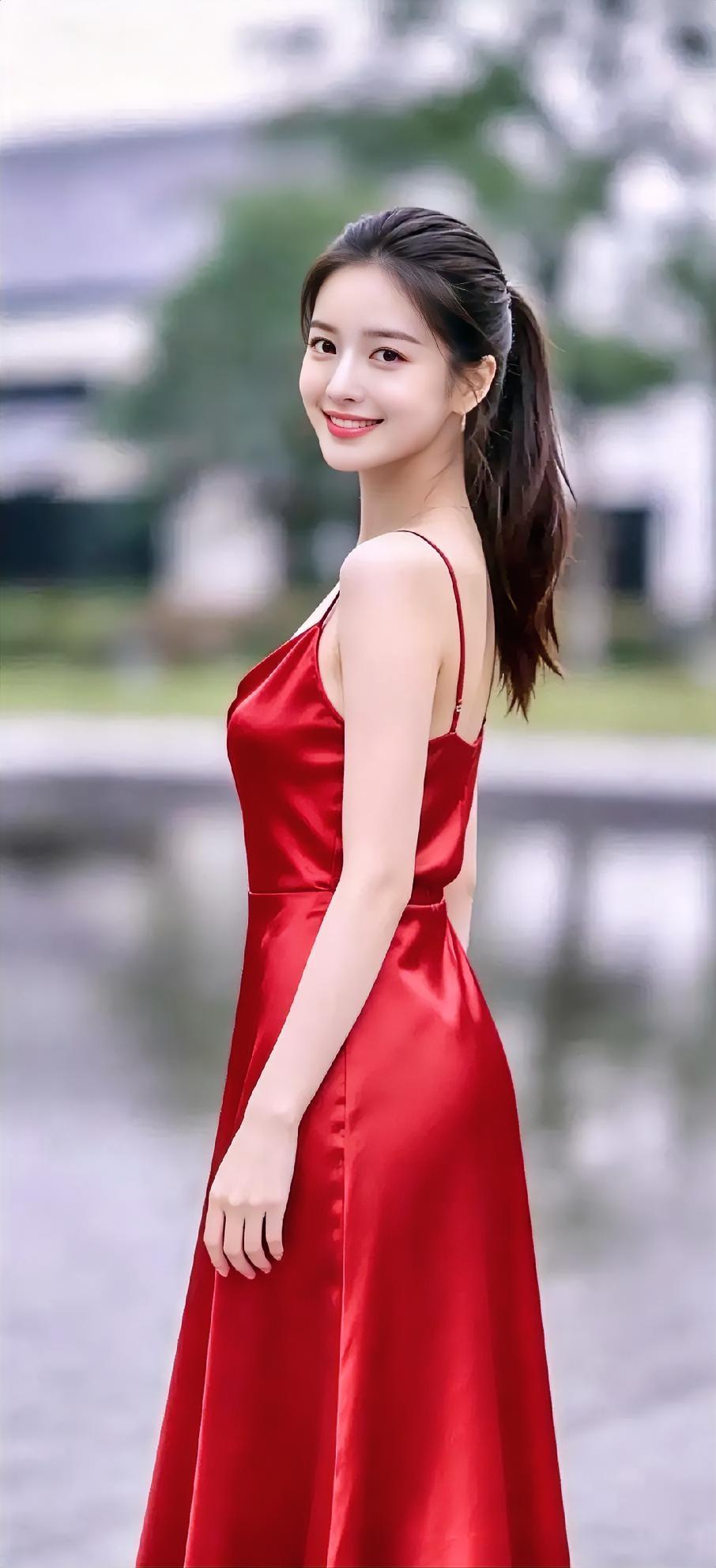 一袭红裙随风轻扬，马尾甩动青春的光芒。回眸一笑暖人心房，似那水面的波
