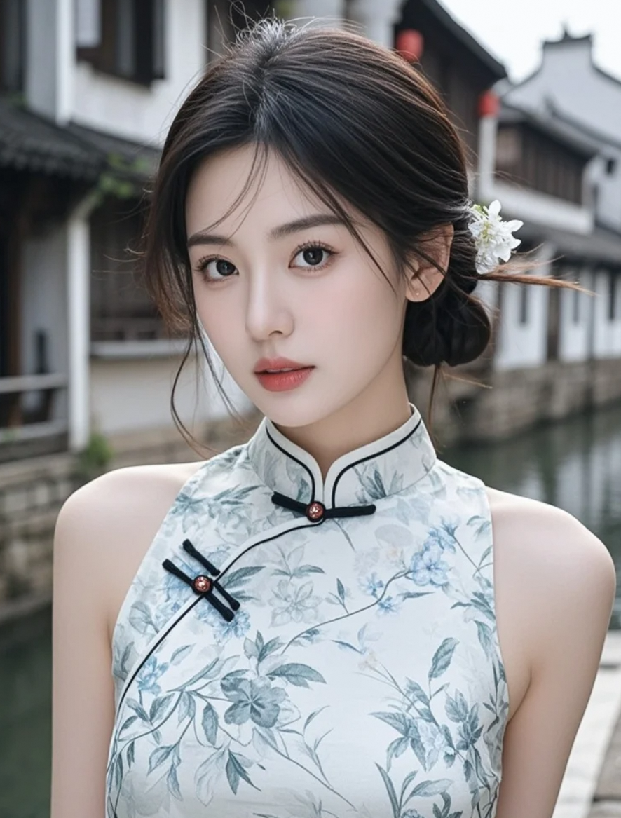这旗袍是女娲用《千里江山图》裁的，她走一步，山河都在抖！