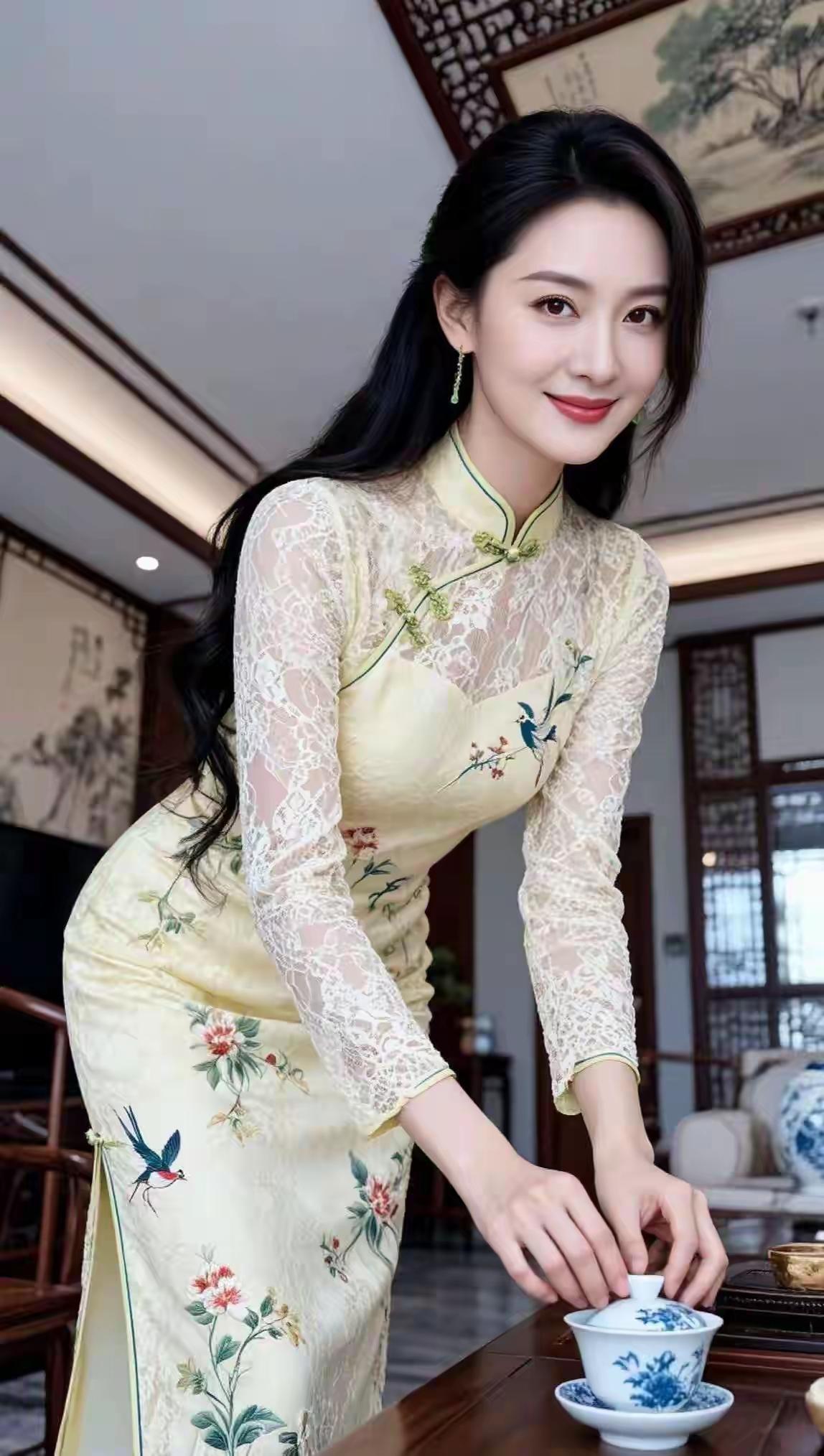 优雅茶艺少女，传统旗袍韵味，精致茶具相伴。