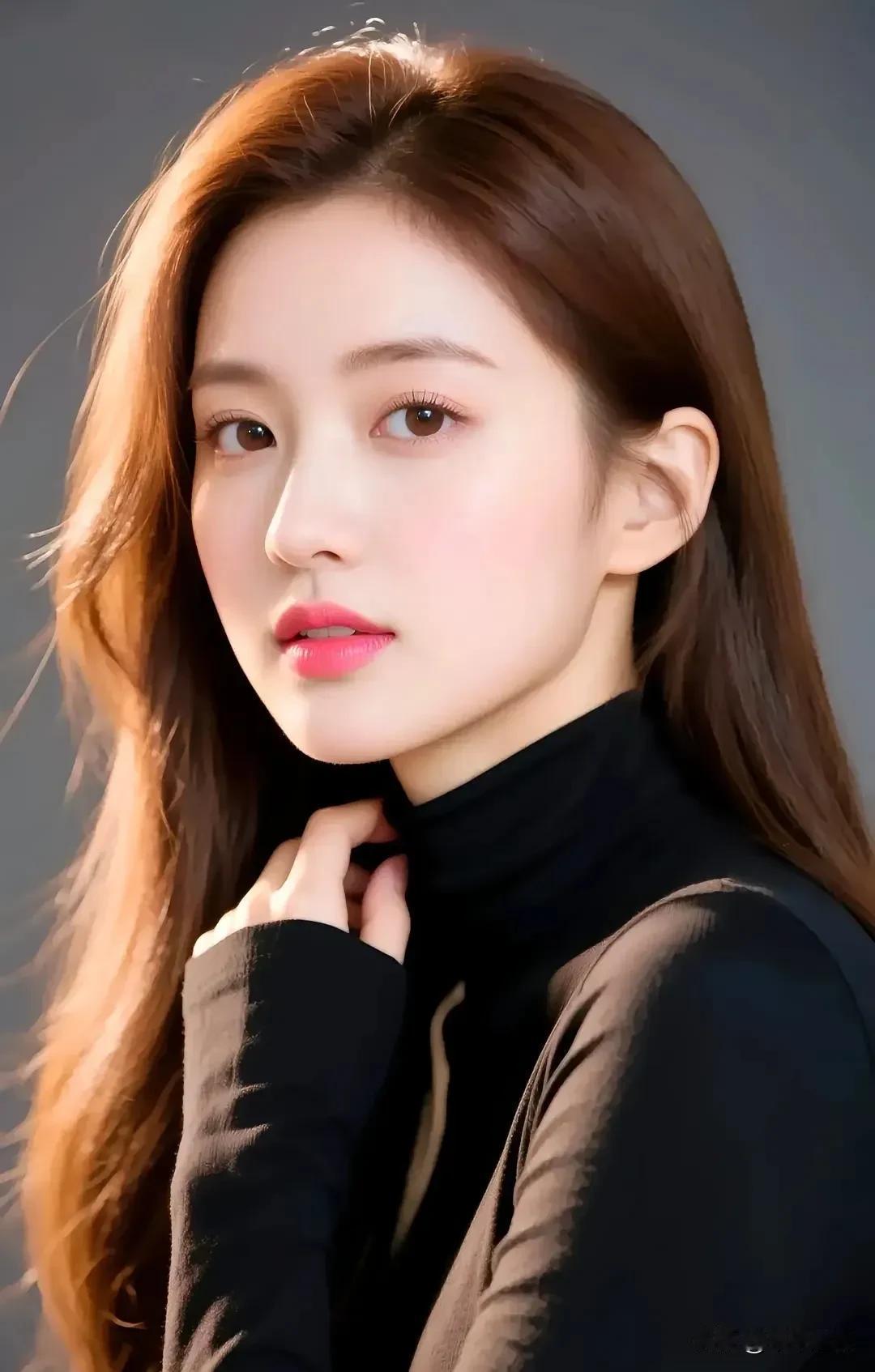 黑衫裹着淡柔的静，棕发沾了暖调的光。指尖轻抵领口时，连唇色都浸了点清透的甜。