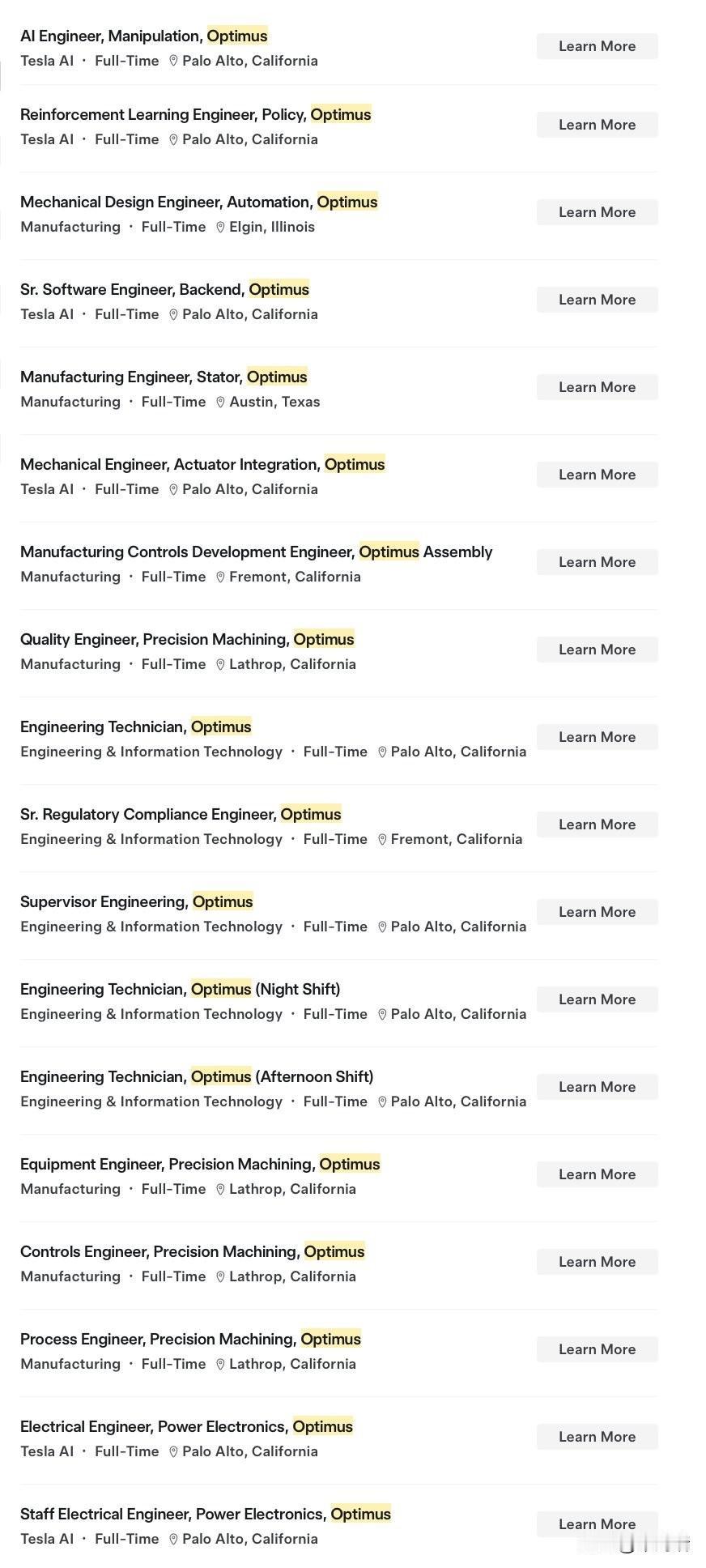 特斯拉新闻：特斯拉目前有110个与Optimus机器人项目相关的职位空缺