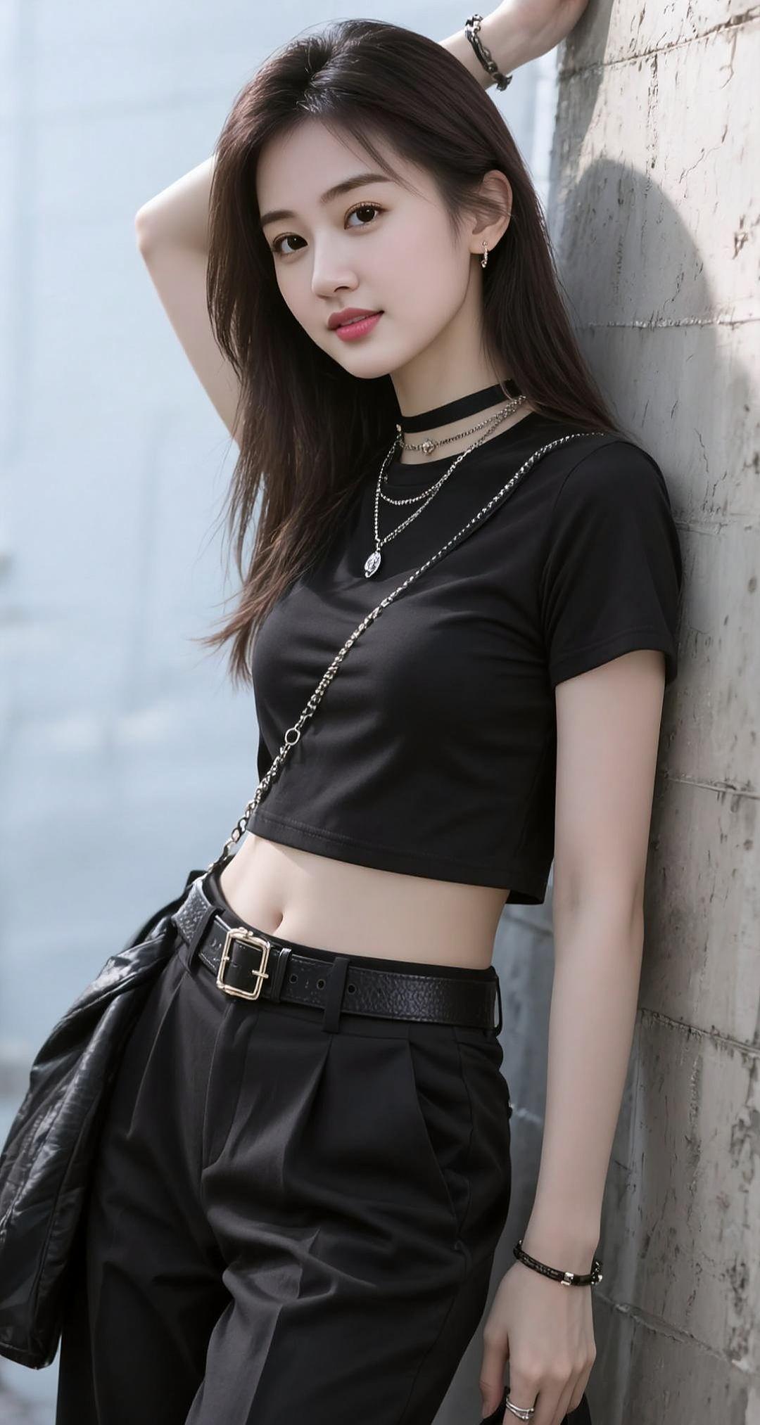 AI摩登佳人女生黑色t恤穿搭最酷女生时尚穿搭抖音助手