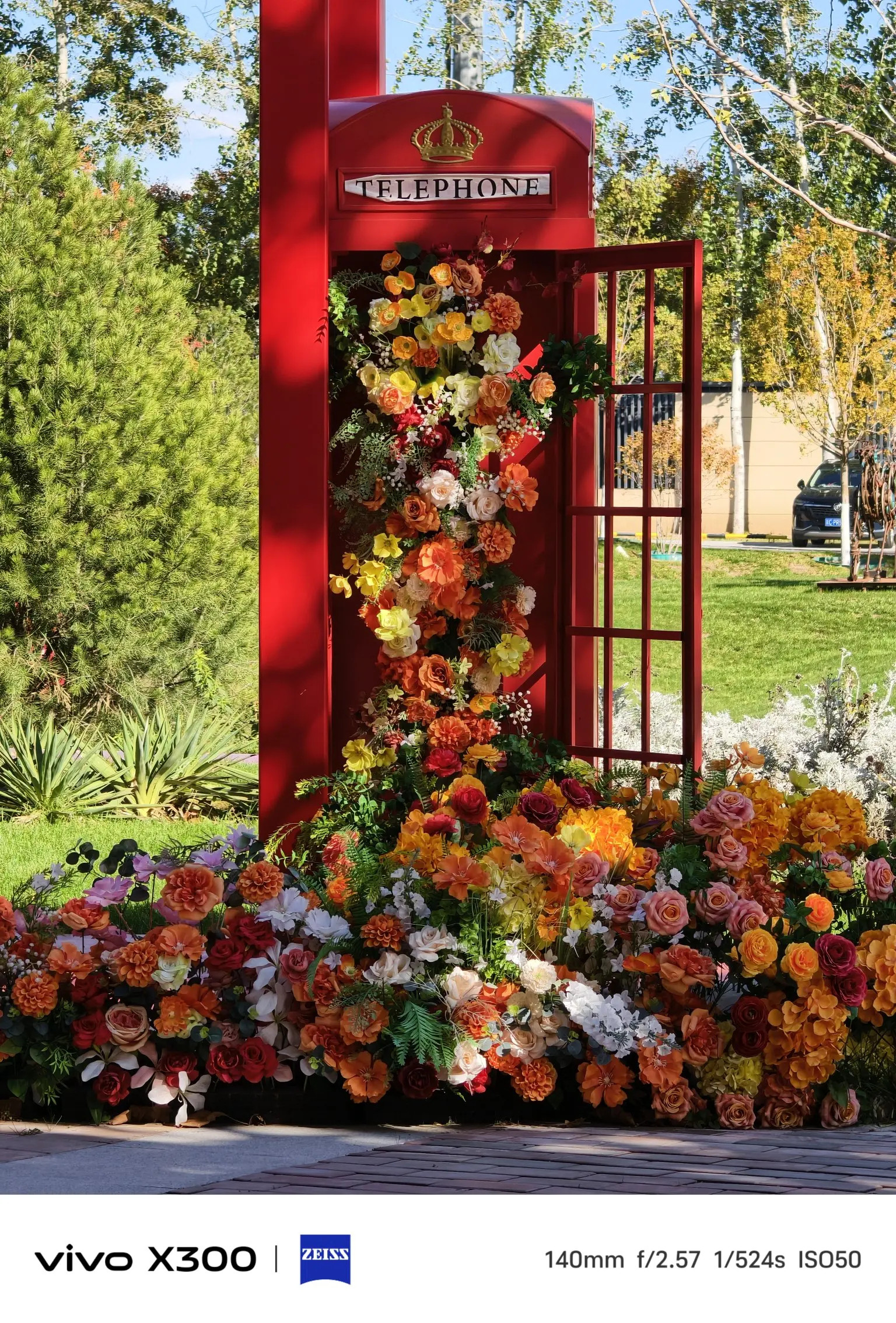vivoX300影像实拍分析～140mm焦距清晰呈现花朵的纹理与电话亭的细节