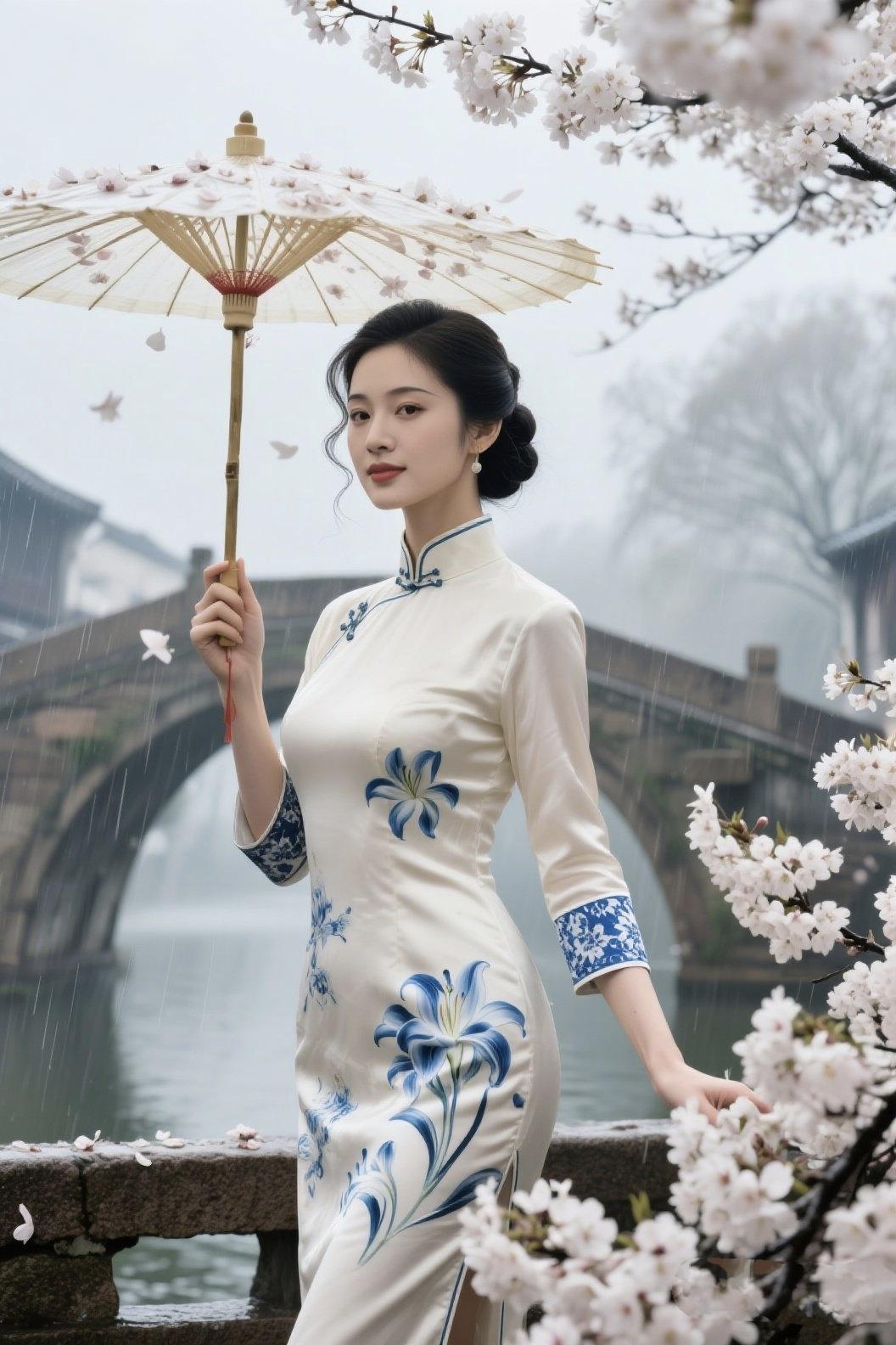 《雨巷青花》雨湿了石桥，也湿了江南的烟油纸伞轻旋，落满了樱的瓣她立在栏