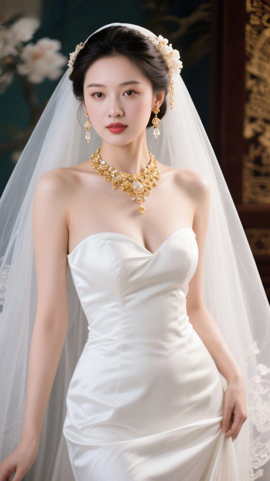 白纱凝韵绘温婉墨绿的背景晕着雅致的国风肌理，玉色花枝在旁悄然绽放，一袭纯白