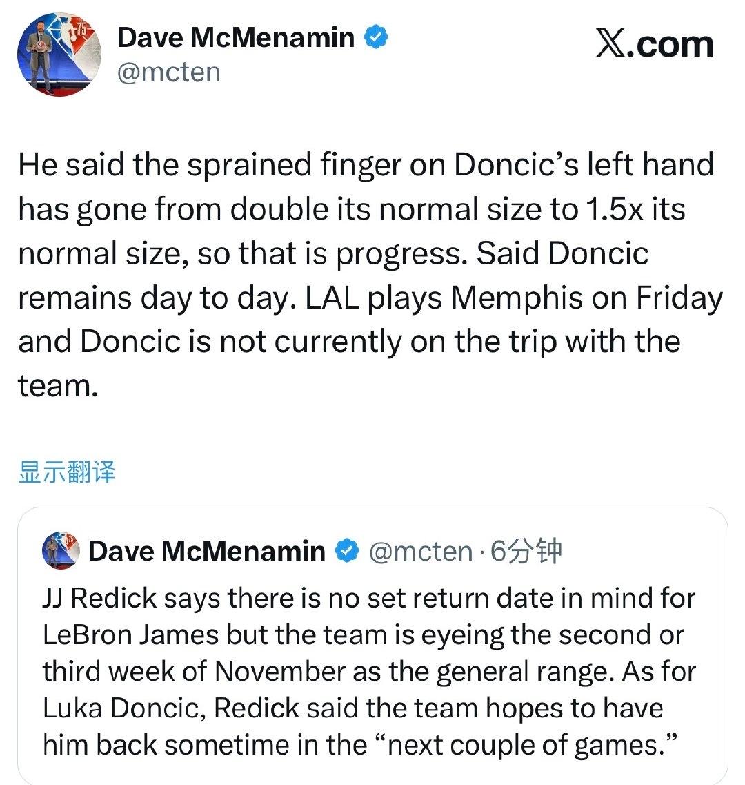 湖人好消息伤员即将陆续回归!据湖人队记Dave报道,东契奇的左手扭伤已经在逐
