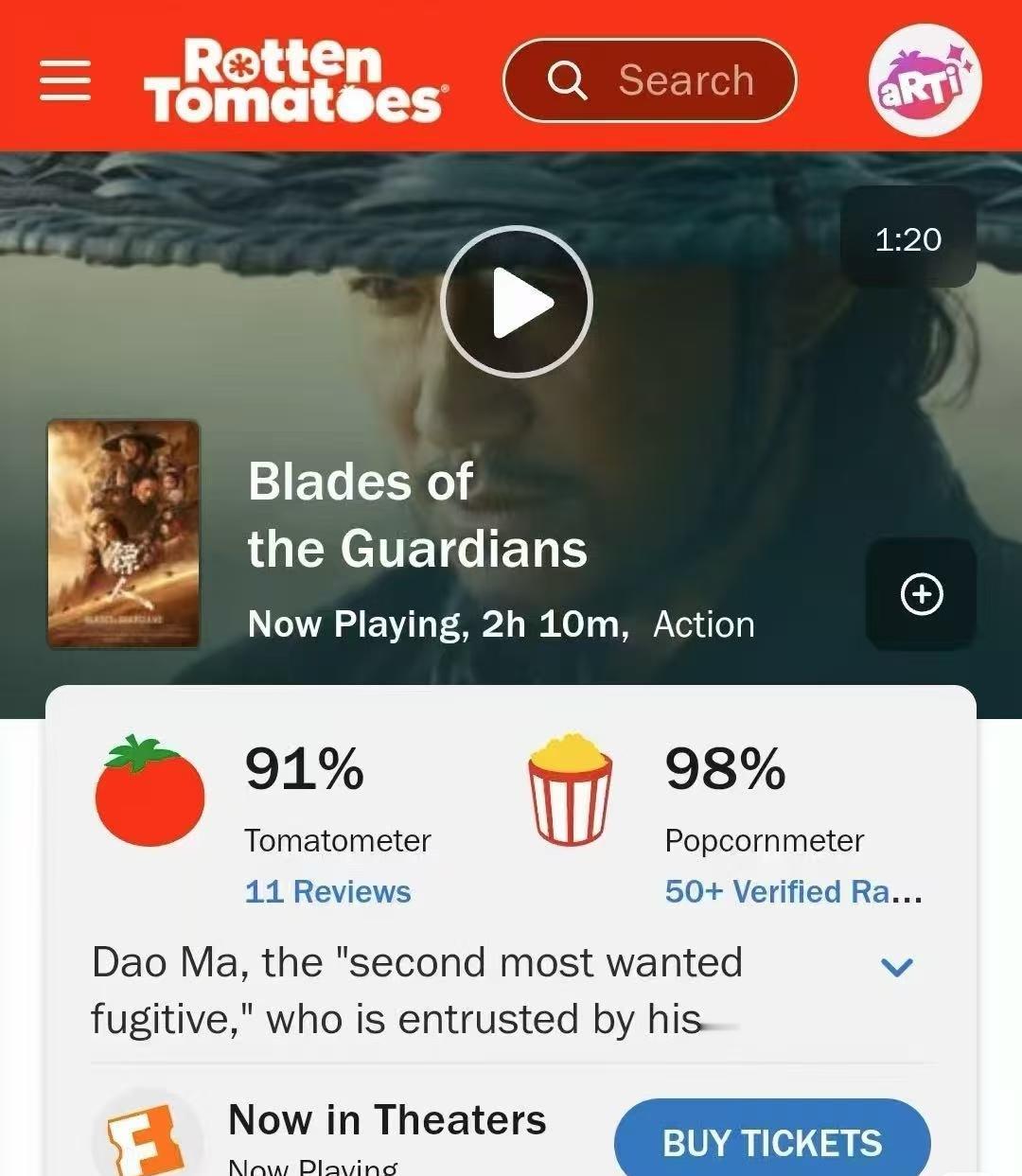 《镖人》海外烂番茄开分，爆米花指数98%，超过《卧虎藏龙》的86%。不得不说，