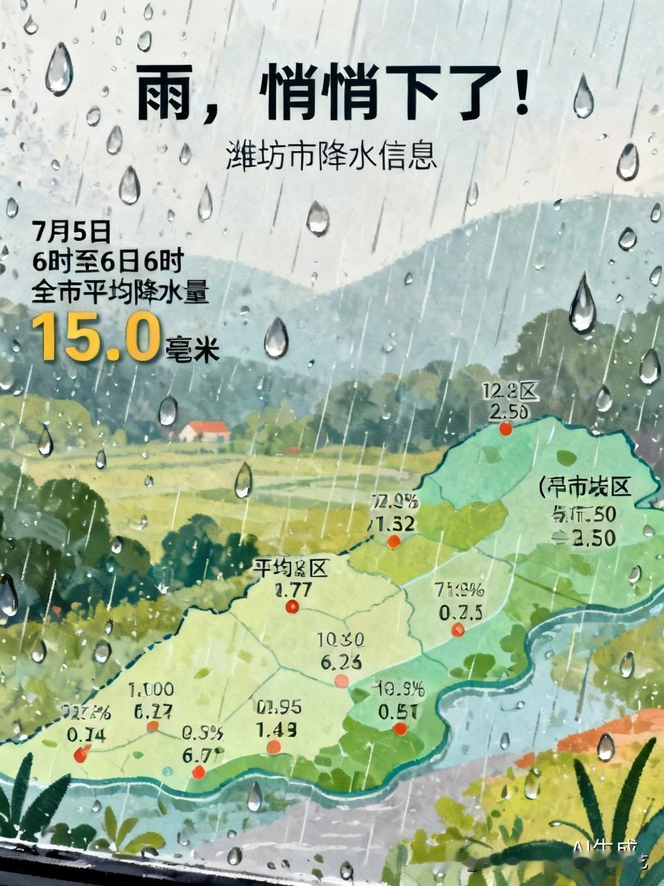 雨，悄悄下了！潍坊市降水信息：7月5日6时至6日6时全市平均降水量15.0