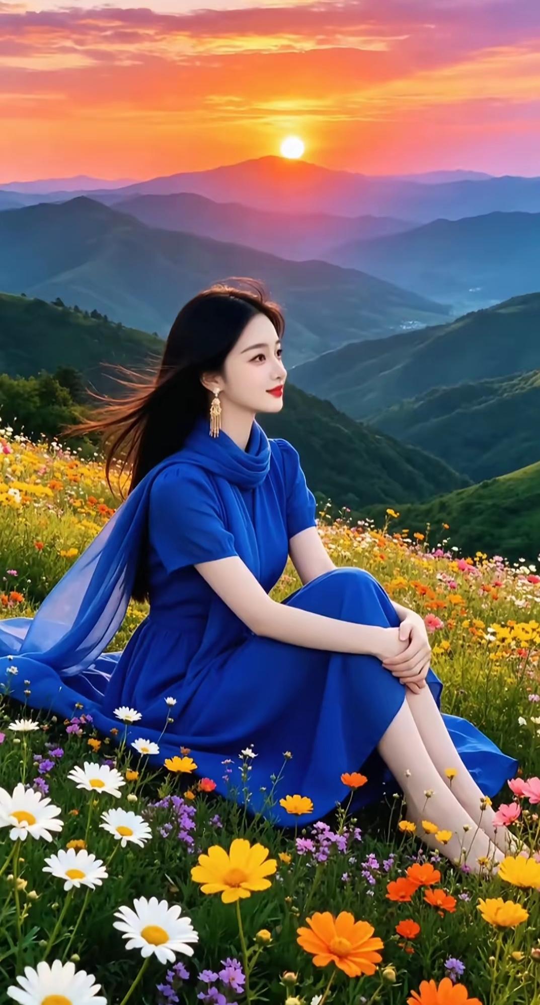 落日熔金漫洒山野，繁花铺作软席，少女一身蓝衣静坐花间，晚风轻拂。暖调柔光铺满天地