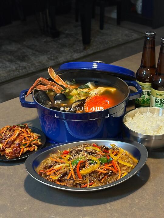 晚餐🍲｜韩式炒杂菜🥙｜海鲜汤🦀｜辣炒五花肉