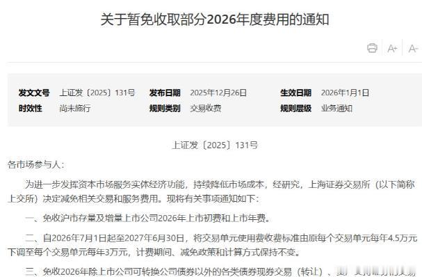 利好来了！沪深交易所宣布降费12月26日，中国资本市场迎来政策利好，沪深交易所