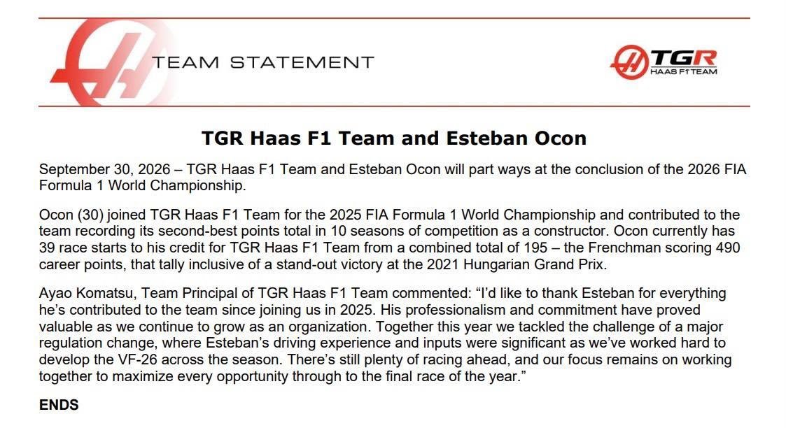 F1奥康确认赛季末离开哈斯车队哈斯车队官方声明​​​