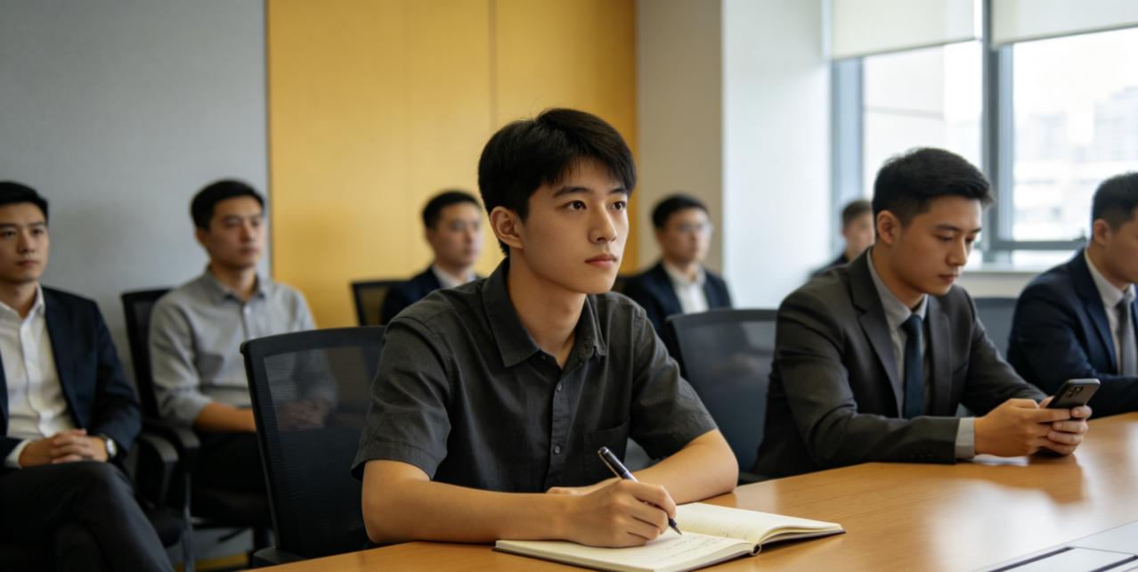 部门每周一例会，雷打不动两小时。新来的实习生小陈，第一次参会，笔记本摊开，笔握