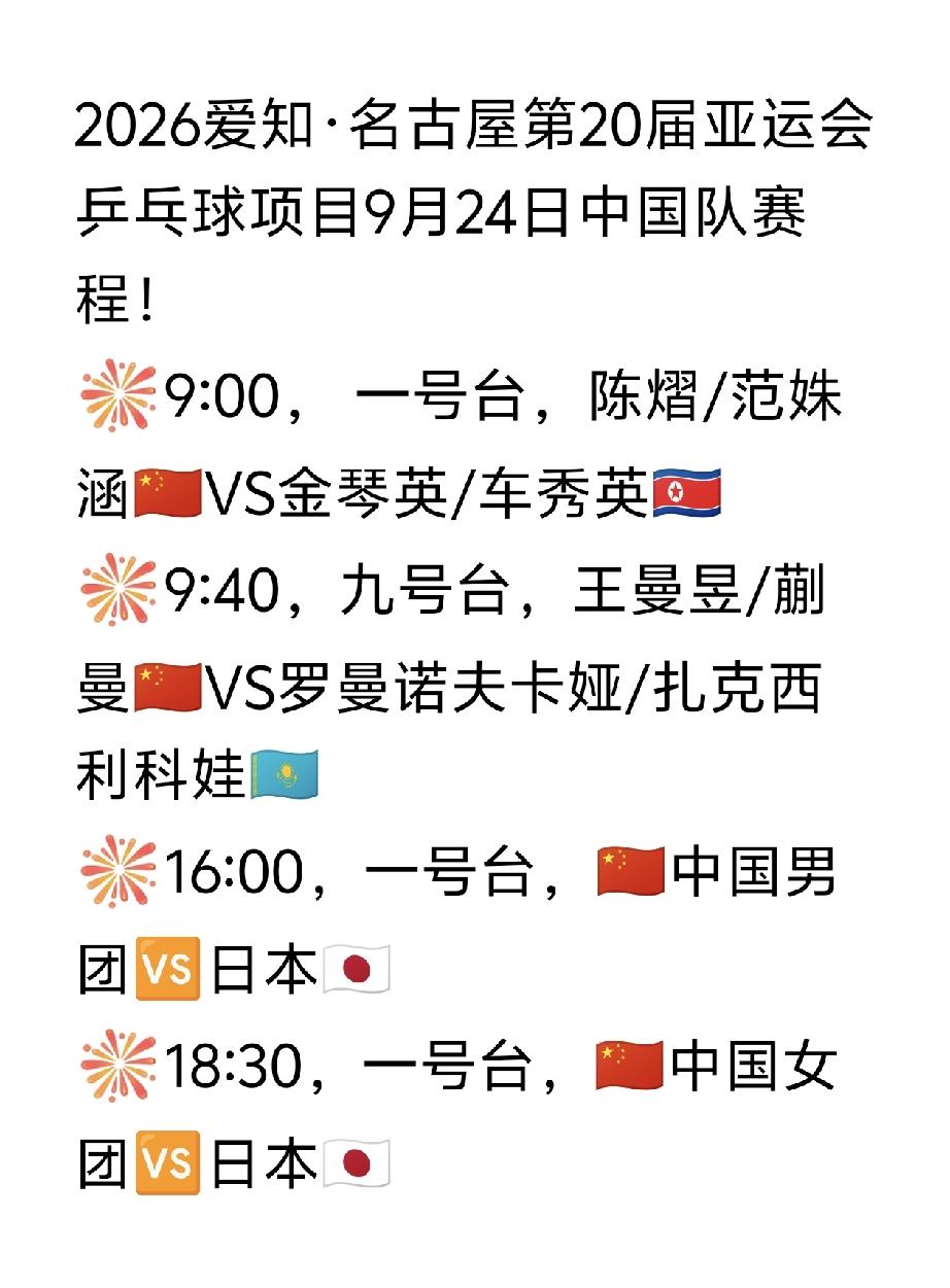 亚运会乒乓球明天（9月24日，周四）赛程来喽[大笑]！2026爱知·名古屋第2