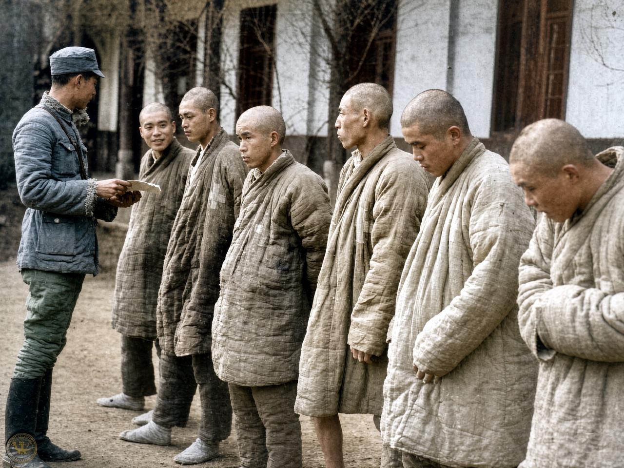 1942年1月，第三次长沙会战结束后，一名中国军人正在庭院里审讯被俘的日本士兵。
