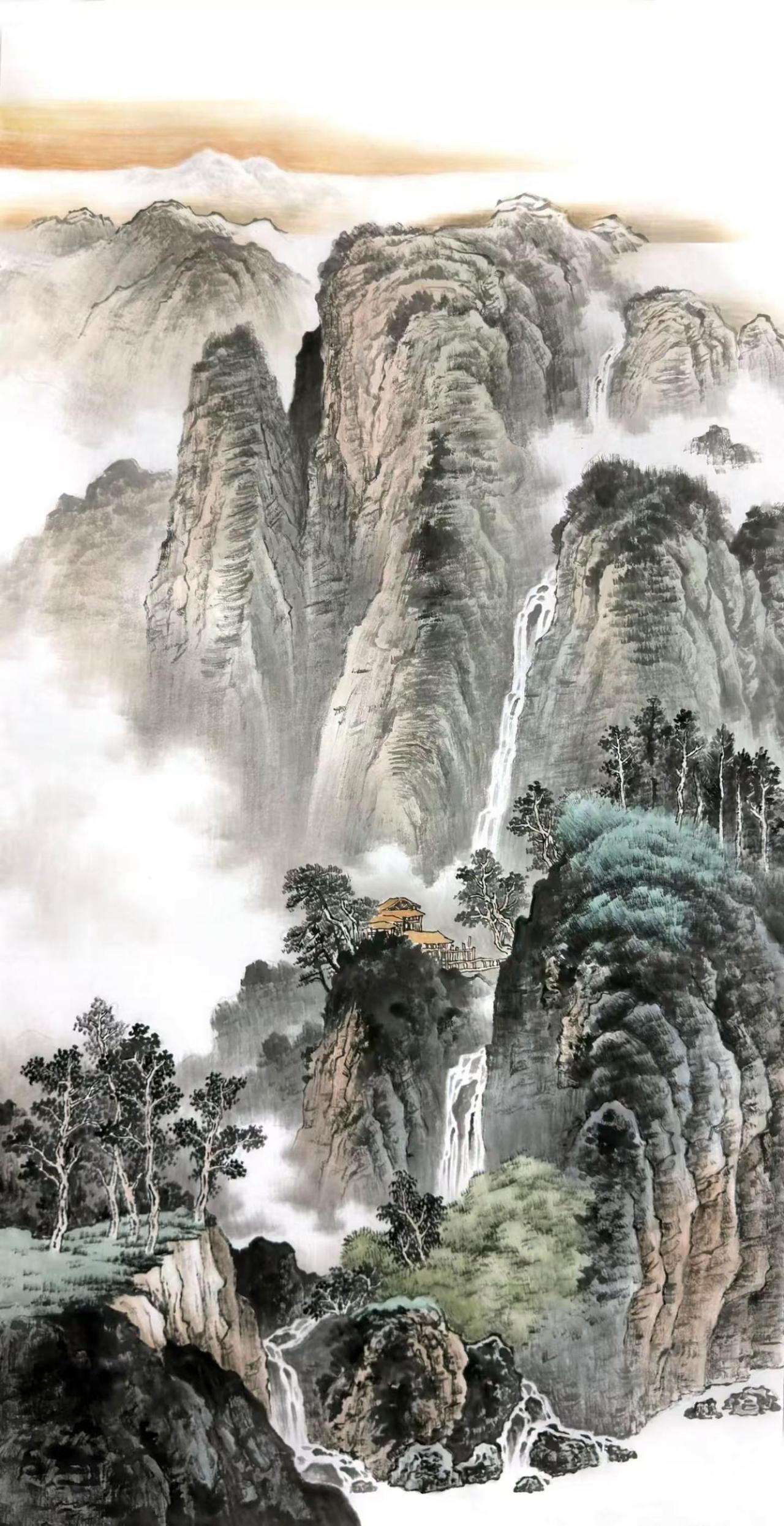飞泉落翠。写意山水青山绿水山水画创作者中心创作灵感国画山水