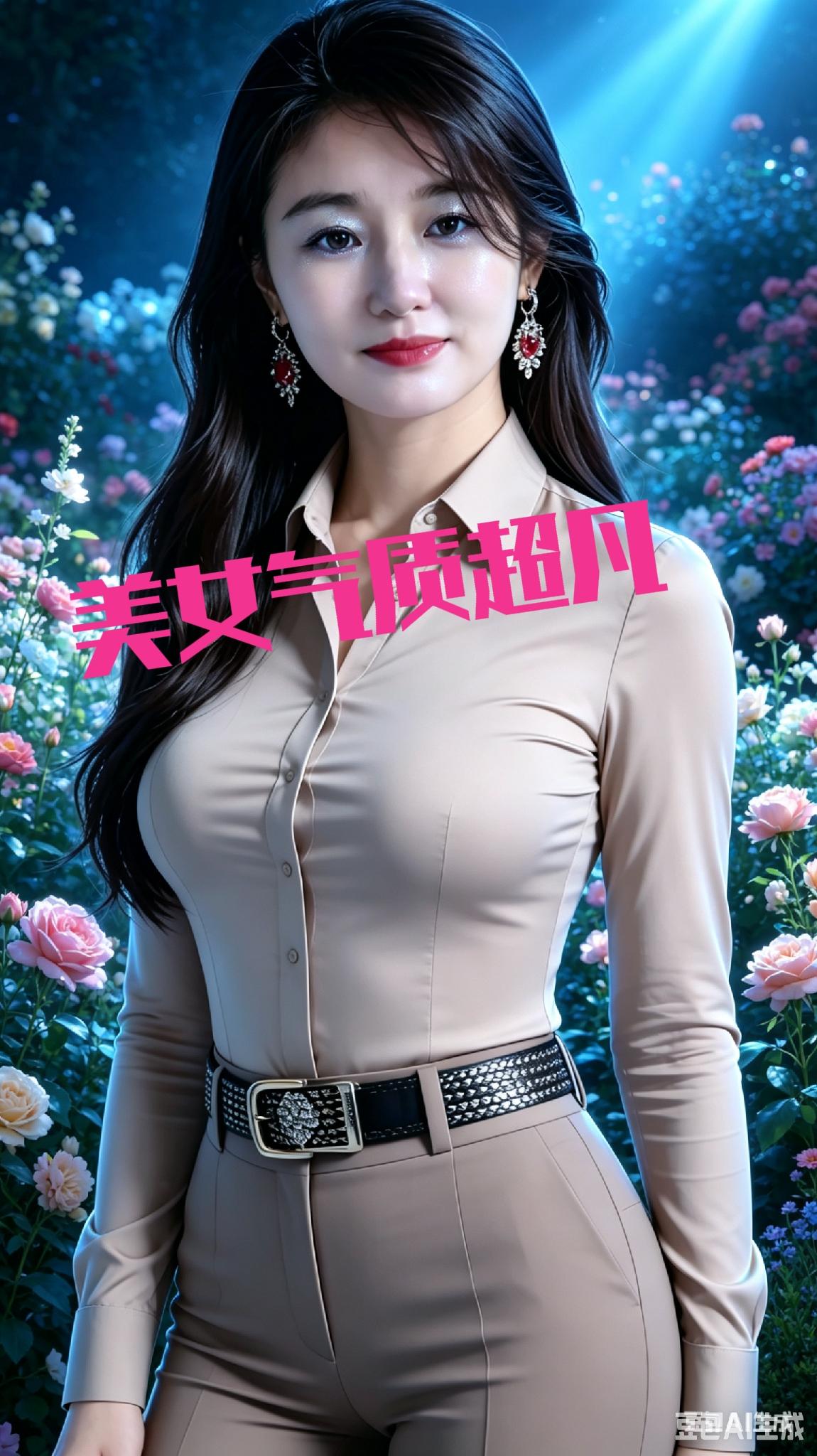 一身咖色正装穿，长发飘飘气质添。腰带一系身姿俏，花海之中美出圈。