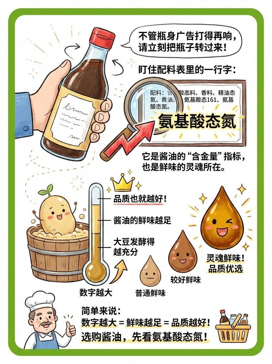 酱油挑选实用指南。买酱油别只看名字，花里胡哨全是忽悠。只要学会看这些核心指标部分