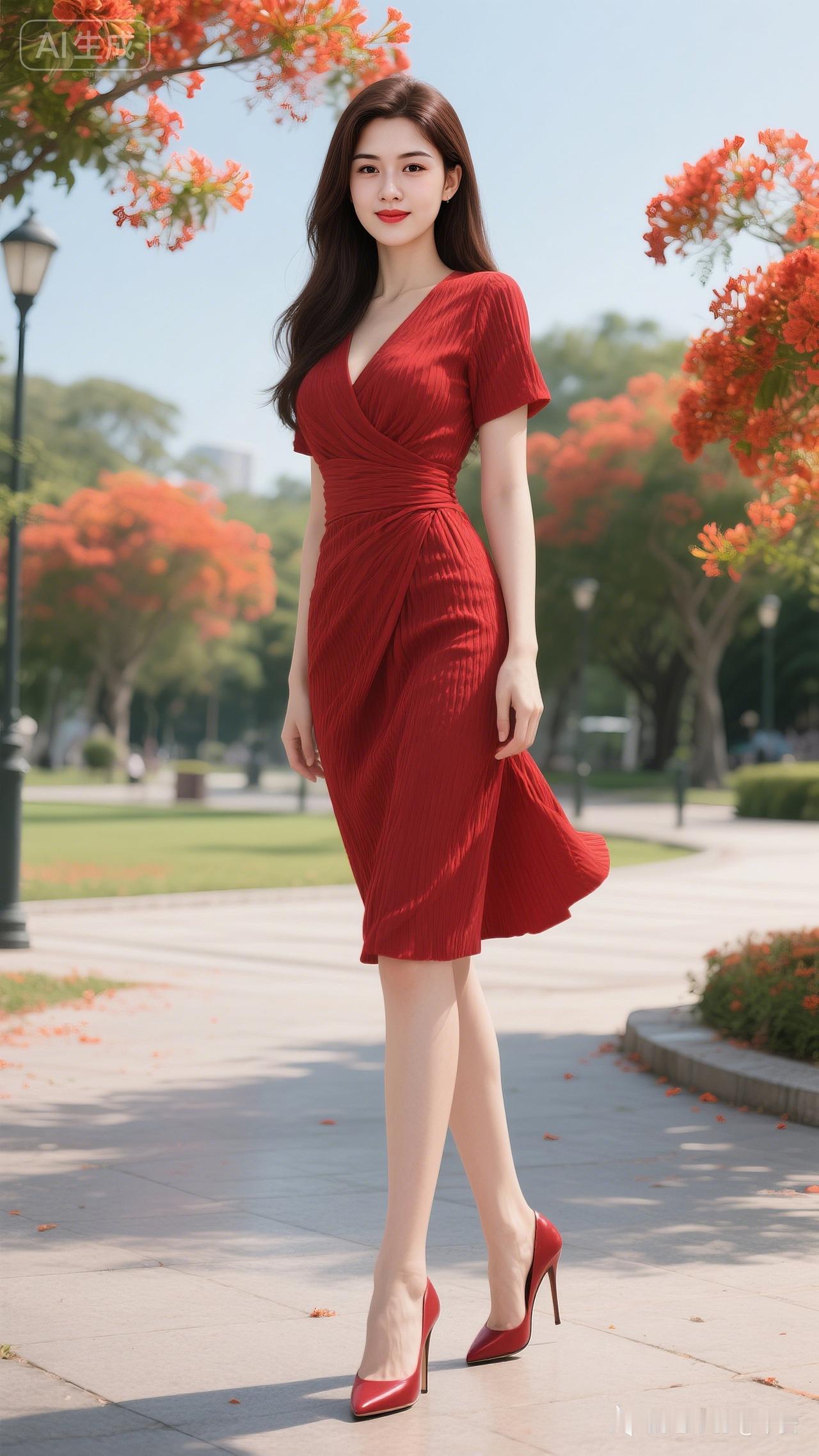 优雅红裙漫步公园，尽显迷人魅力！🌸👗👠