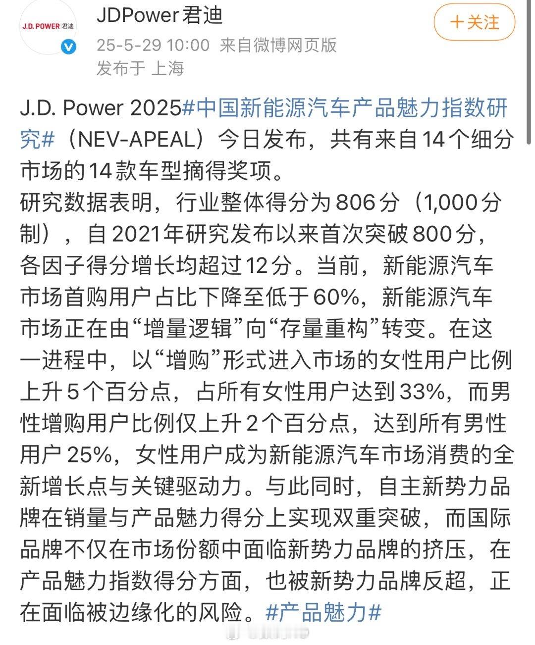 小米SU7在J.D.Power，2025年度中国新能源汽车产品魅力指数研究（