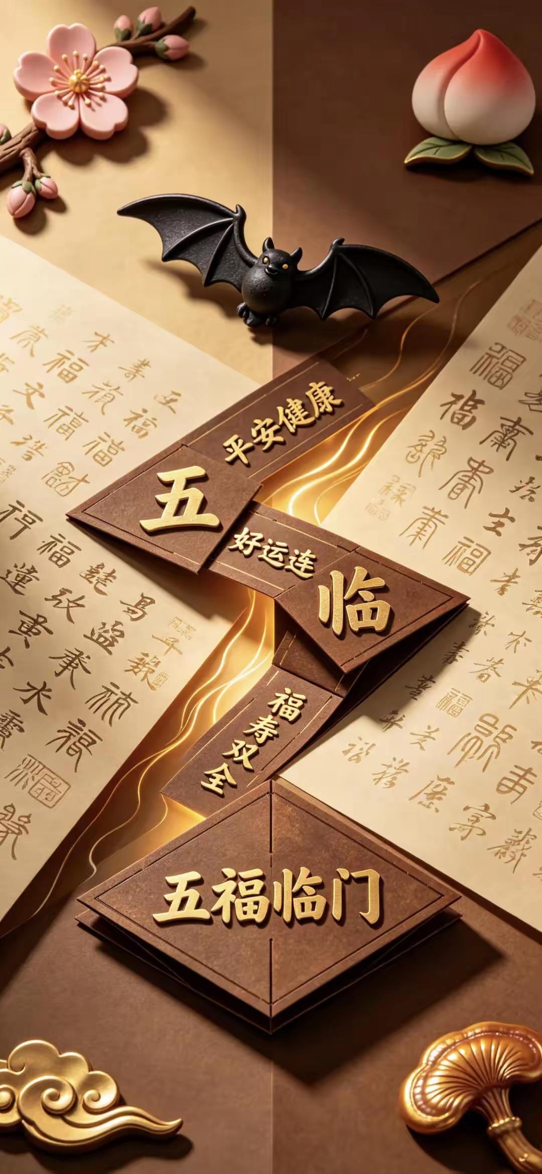 手机壁纸～黑蝠衔福，吉兆已至。五福临门，携平安健康，纳福寿双全，万事好运连绵。愿