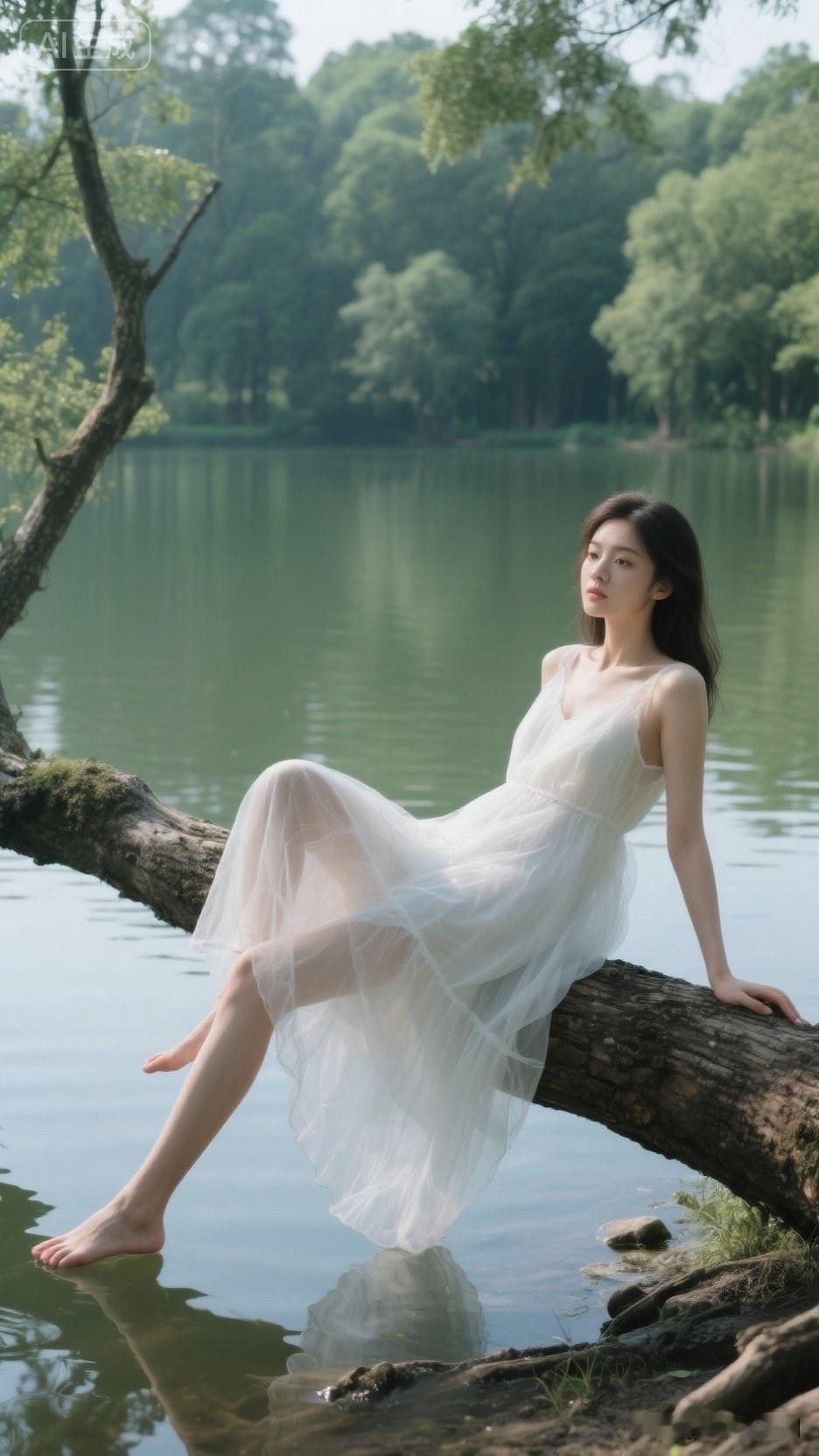 在湖边树桩上，白裙飘飘，享受宁静时光。🌿💦👗