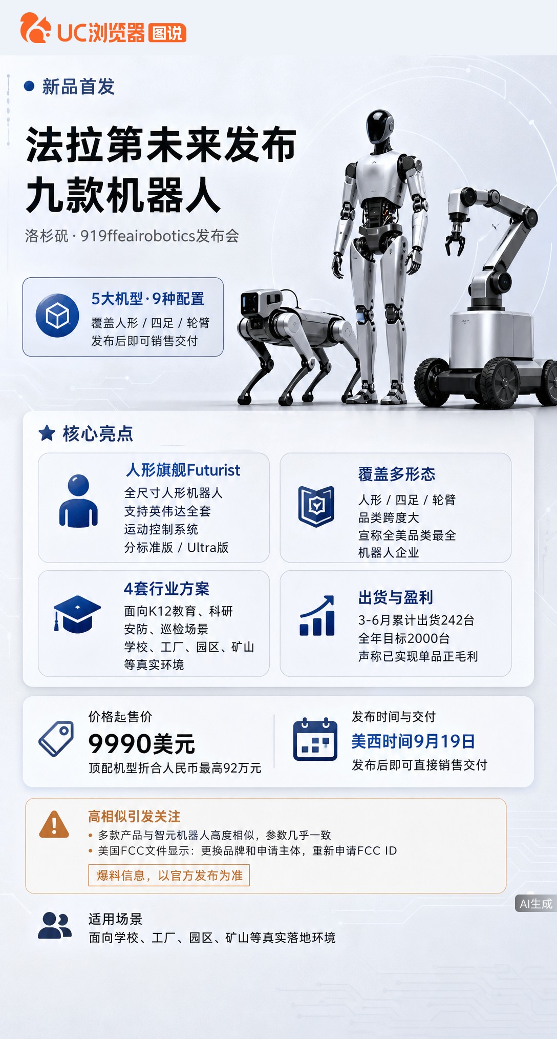 贾跃亭在洛杉矶一口气发布9款机器人，售价最高92万。但多款参数与国内智元高度重合，FCC文件显示系换