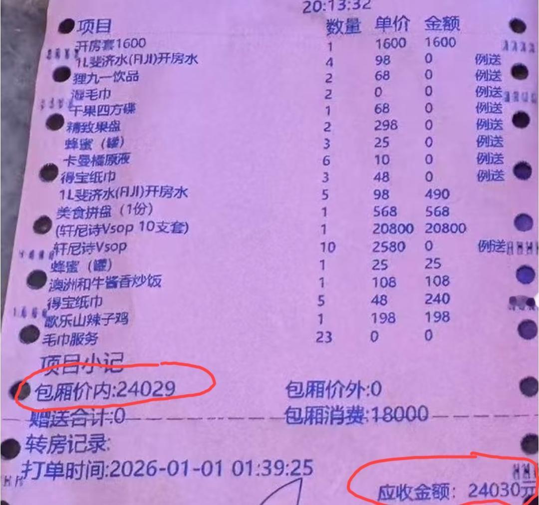 网上看到的一张跨年夜当晚杭州某知名ktv的消费清单。据说当晚总共五个人，总共消