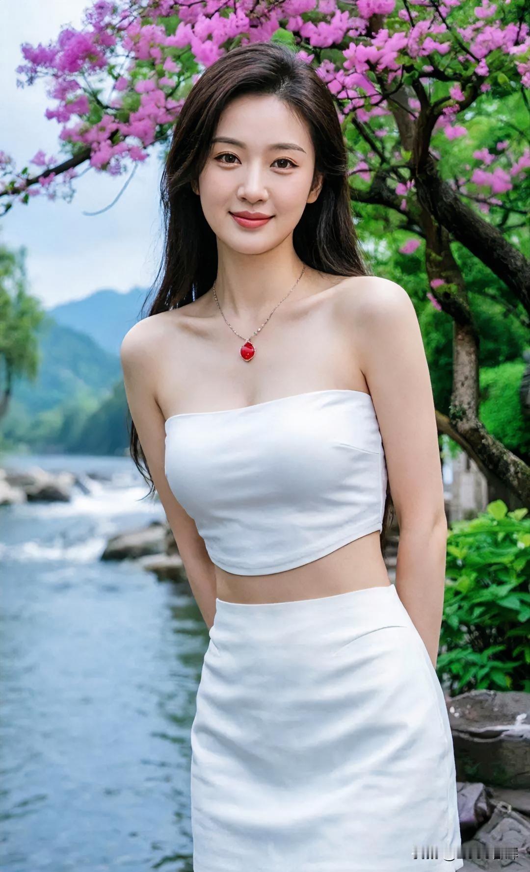 花树临溪立，白衣映水清。红坠点素襟，笑意融春景。山远风轻语，美在天然境。