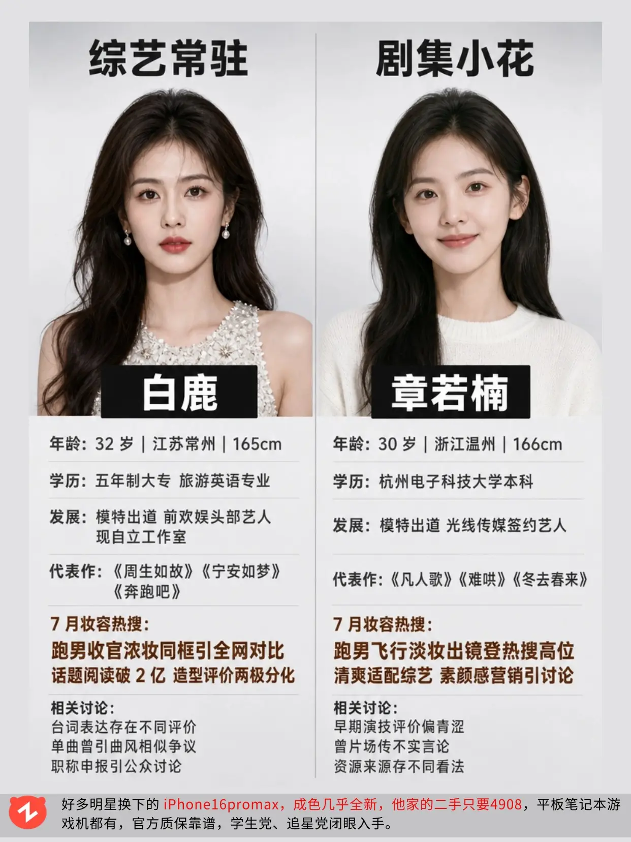 白鹿浓妆VS章若楠淡妆，你更吃谁的颜？