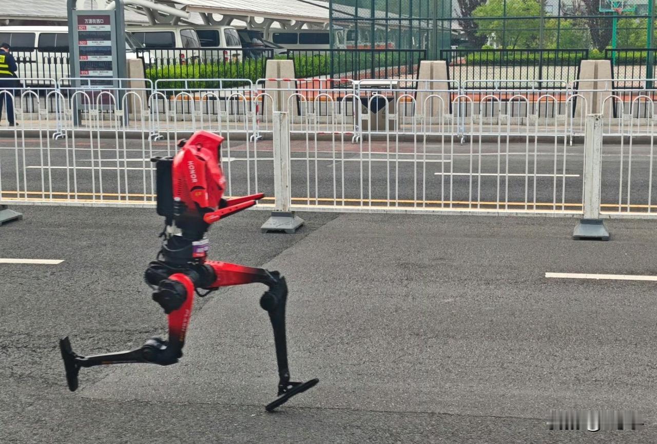 嗖的一下过去了……太快了。荣耀人形机器人真棒…...太紧张了，最后冲线时，摔