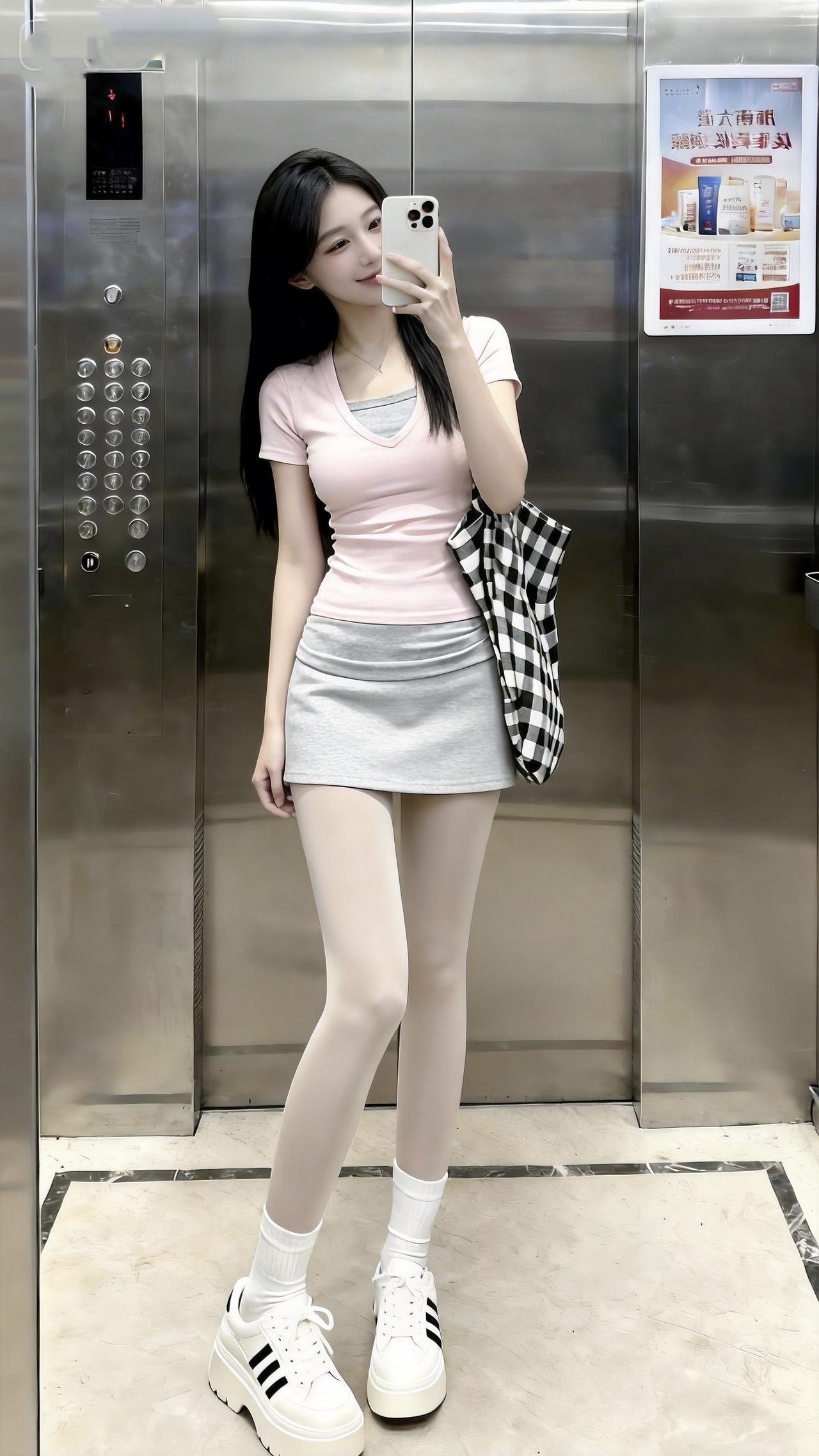 好身材要配好穿搭，假两件粉T+灰短裙+白袜+厚底鞋，整套上学逛街都适配，懒人直接