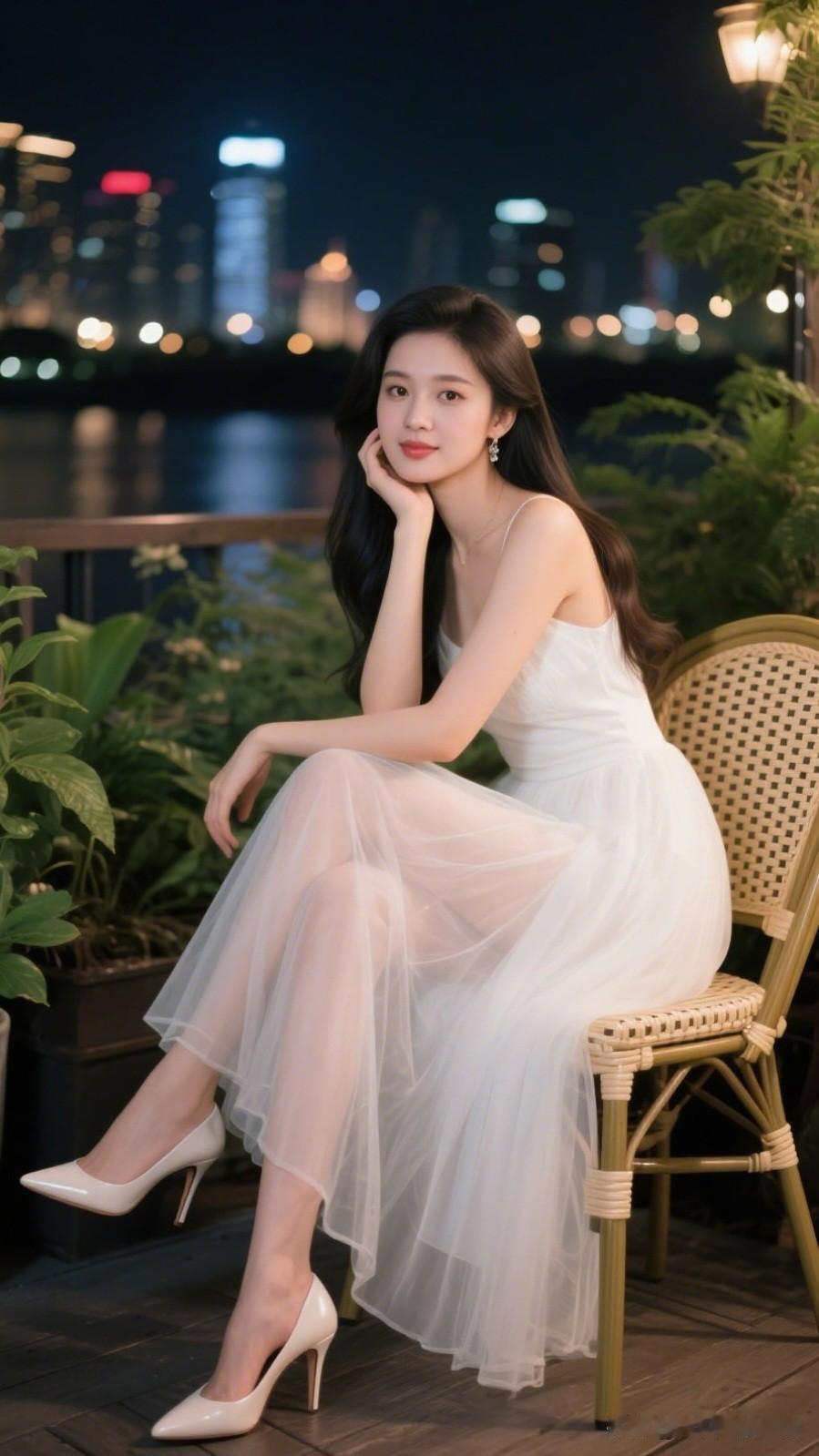 夜晚的都市，优雅的白色连衣裙，静谧的河景，美不胜收。