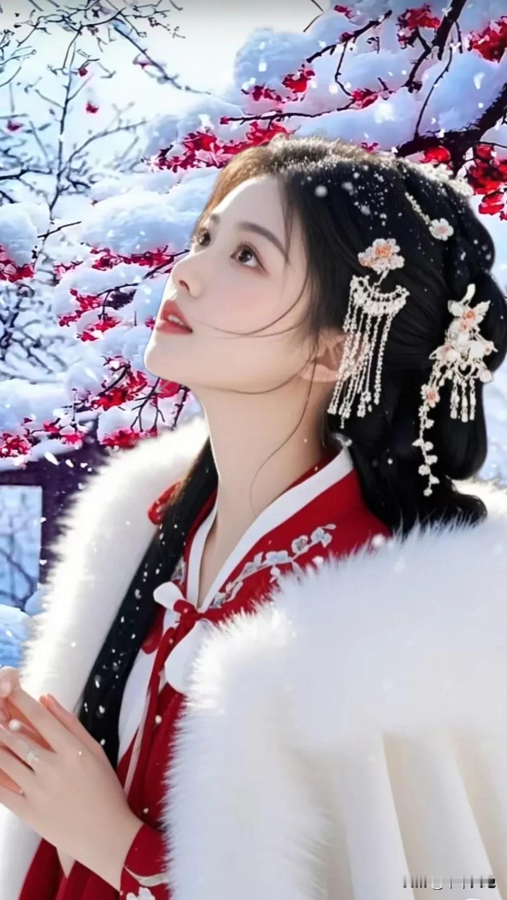 红装少女在雪中观赏梅花，那画面美得像一幅古画。就像国画大师笔下的场景，红装与白雪