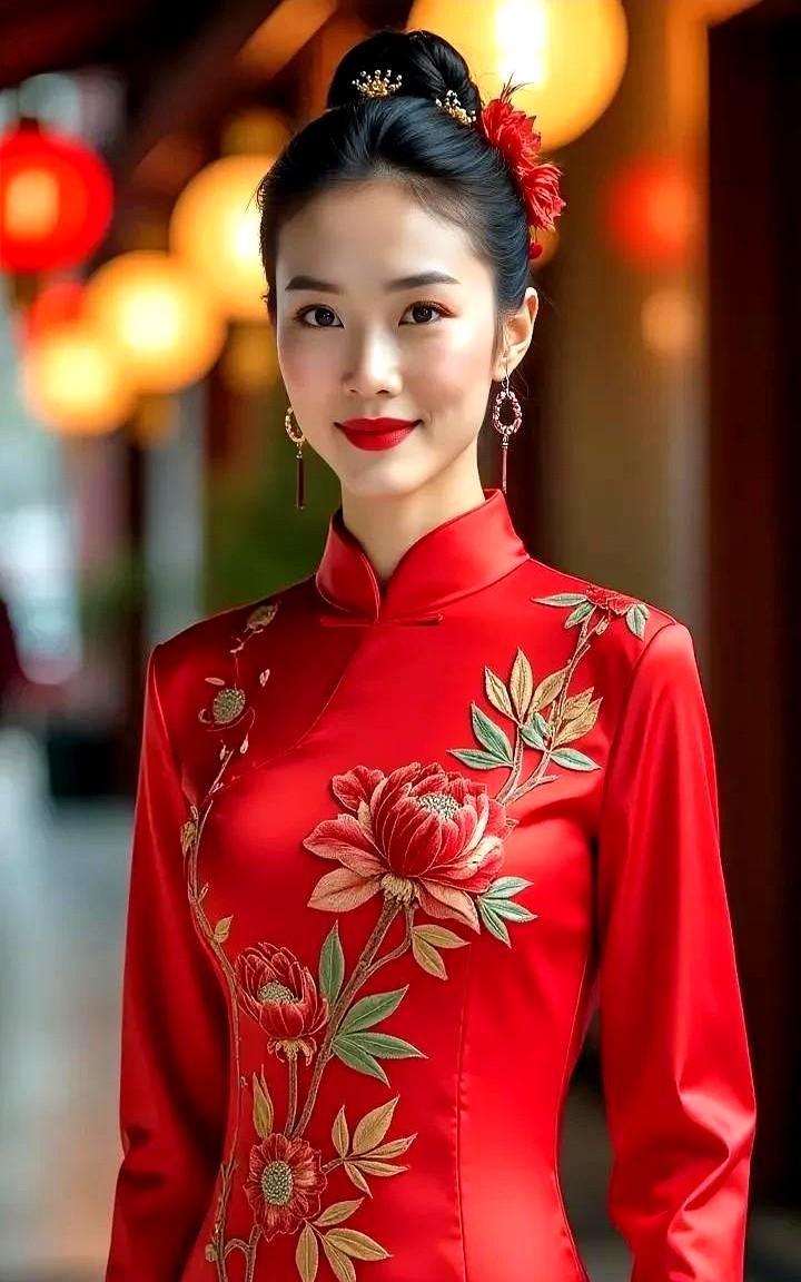 一套典型的改良旗袍，属于中式传统服装的现代演绎：一袭正红裳，牡丹绣画堂。立领