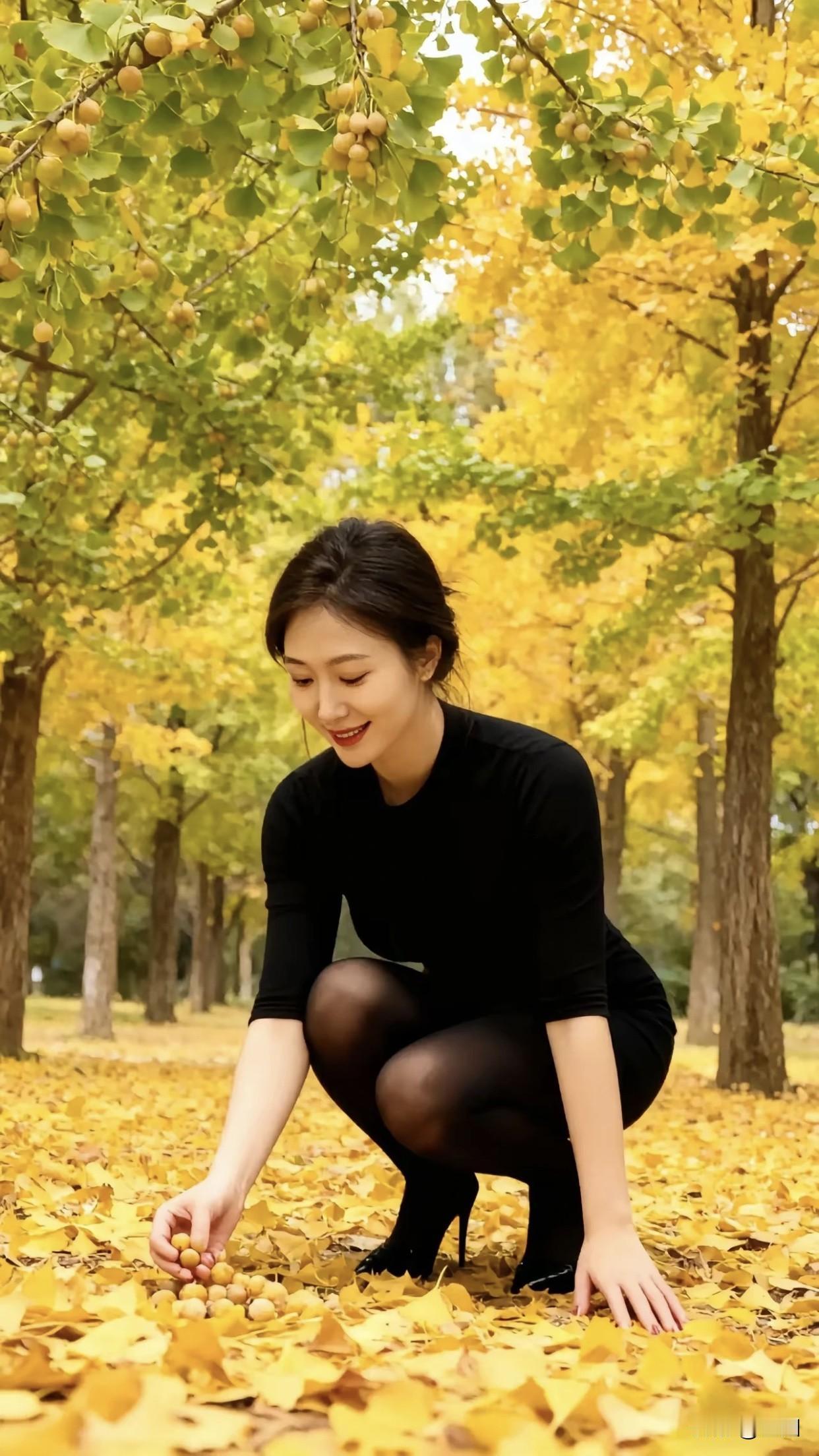 能分享一下你相册里的风景照片吗秋日漫步，落叶纷飞，优雅黑裙，尽显风姿。