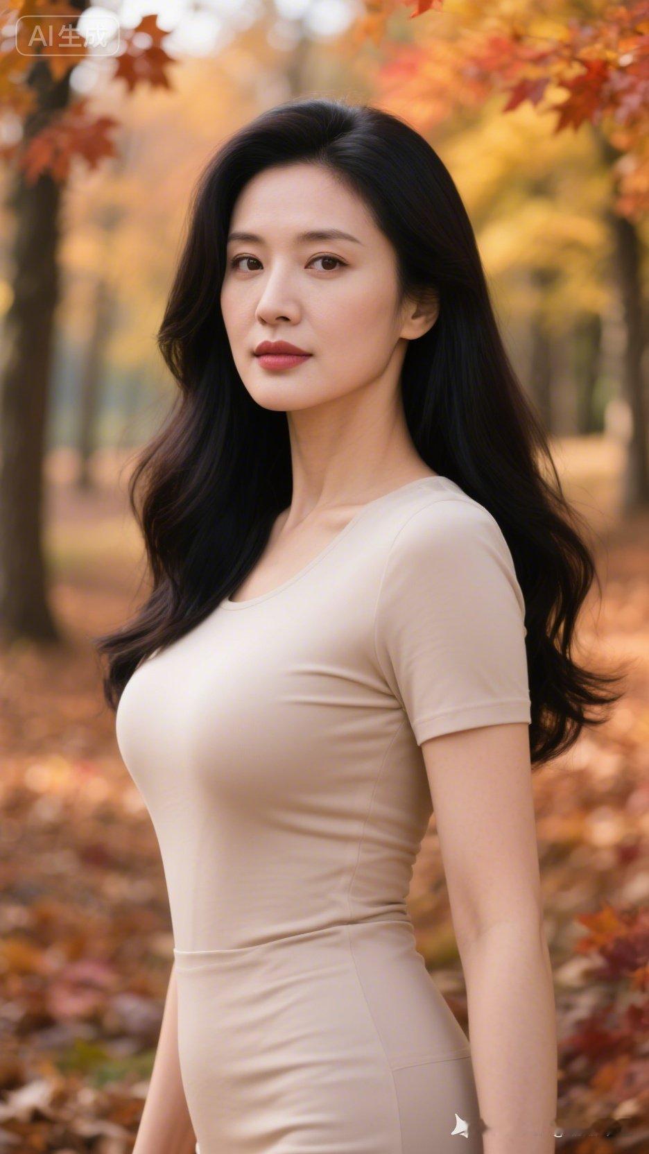 秋日暖阳下的优雅女神，落叶纷飞中绽放迷人风采。