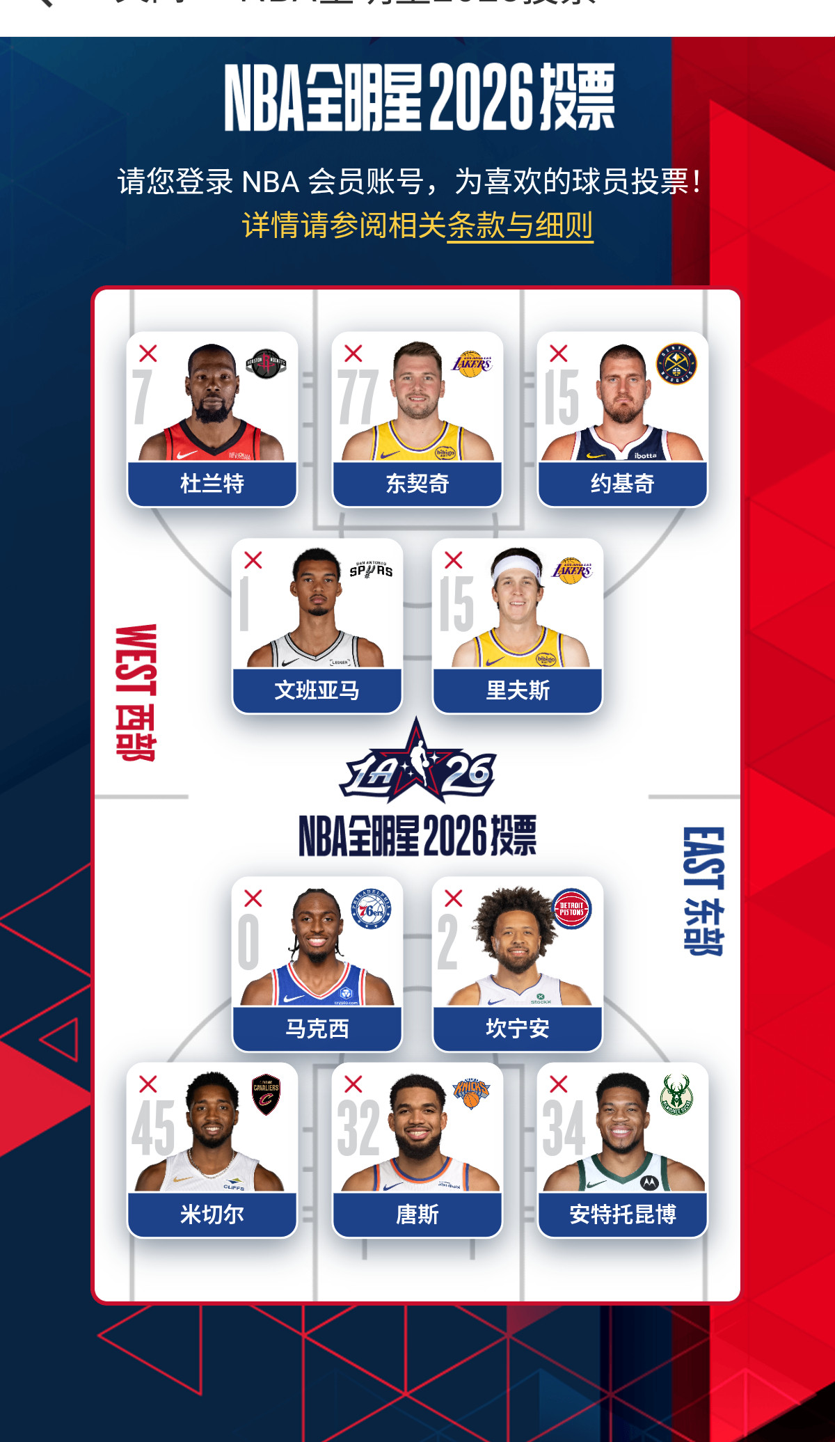 2026NBA全明星投票大家投票没？我选的这个感觉西部前几的全是大高个，多塔阵容