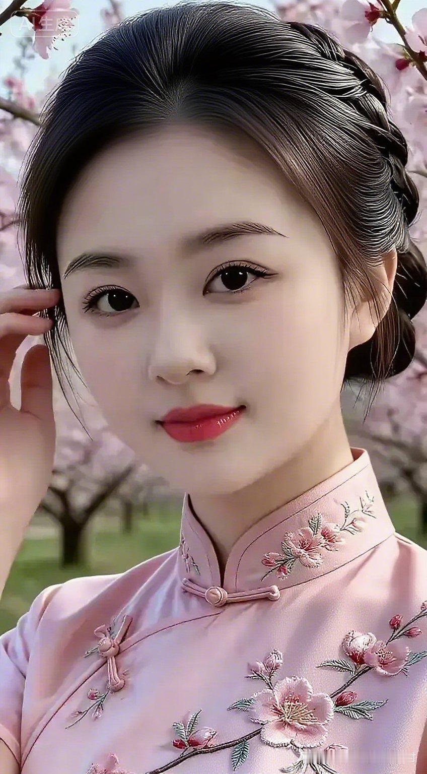 粉衣美人倚花枝，春光满面笑语迟。
