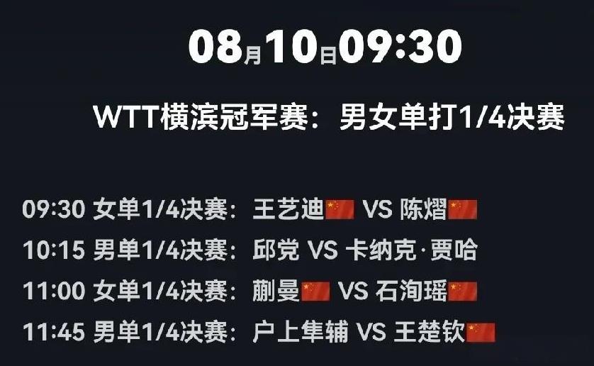明天上午（8月10日），横滨冠军赛这样打：见下图。八名选手，国乒占五席。其中，